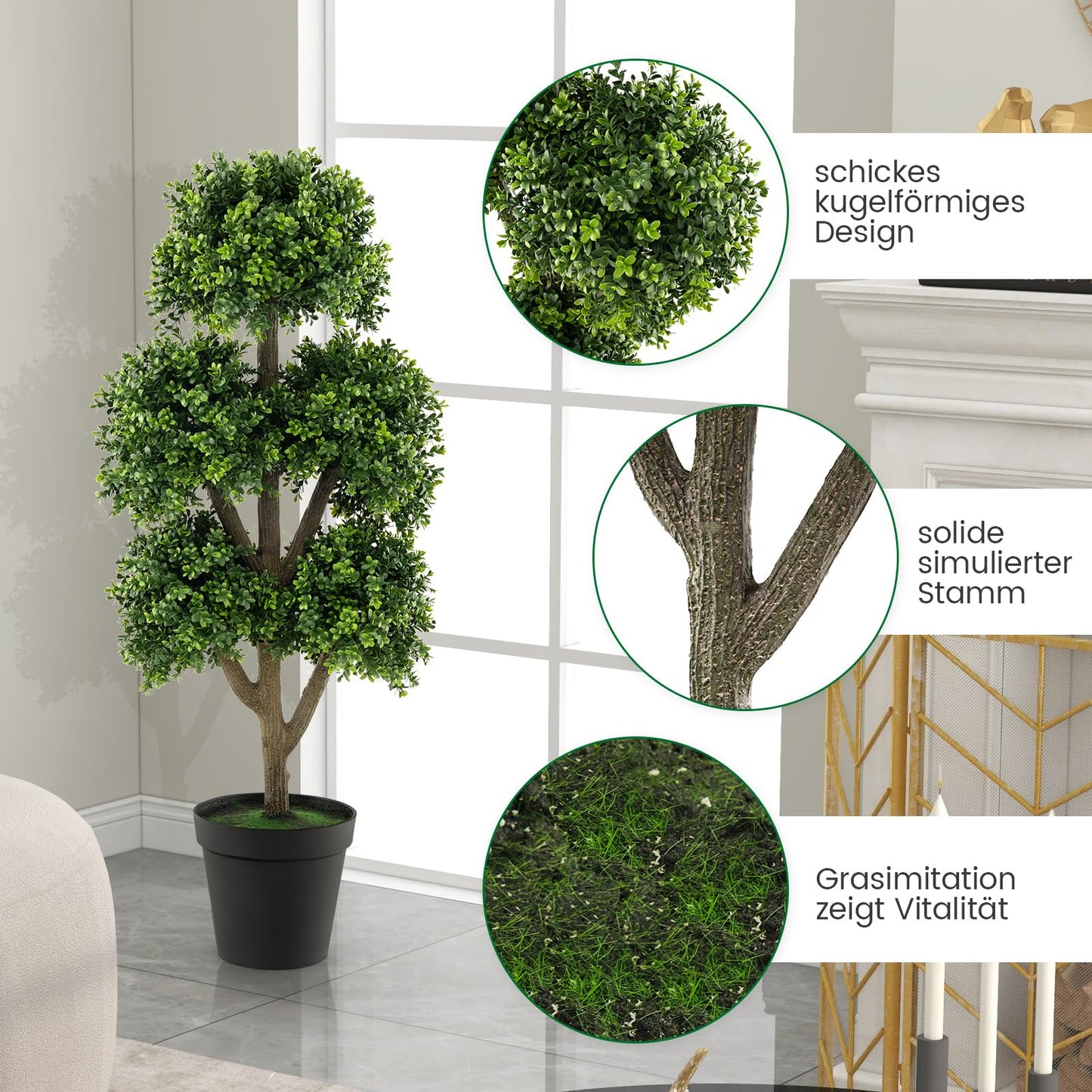 COSTWAY künstlicher Buchsbaum 115 cm, Kunstpflanze mit 5 Kugeln, Dekopflanze im Topf, Kugelbaum Grünpflanzen Kunstbaum, Zimmerpflanze Deko, für Zuhause Büro Garten Veranda, Grün