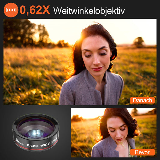 Selvim Handy Objektiv Linse Kit Lens Set 22X Teleobjektiv, 25X Makro Objektiv, 0,62X Weitwinkel, 235° Fischaugenobjektiv für iOS iPhone und meisten Android Smartphone Schwarz