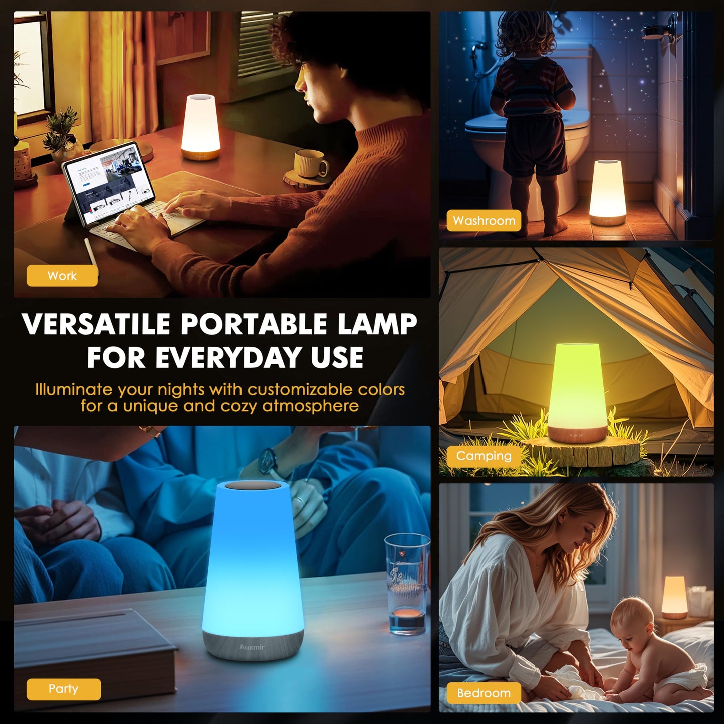 Auxmir Nachttischlampe Nachtlicht Touch Dimmbar mit 13 Farben und 4 Modi, LED Tischlampe USB Aufladbar mit Fernbedienung, Nachtlampe mit Timing Funktion für Schlafzimmer Wohnzimmer, Hellbraun