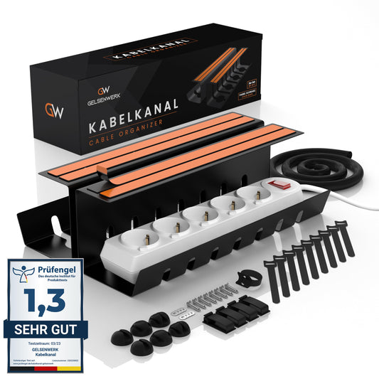 GELSENWERK® 2er Set Kabelkanal Schreibtisch Schwarz ohne Bohren - Kabelhalter 43x12x12cm inkl. Kabelschlauch - Kabelwanne für ordentliches Kabelmanagement am Arbeitsplatz und Ordnung im Büro
