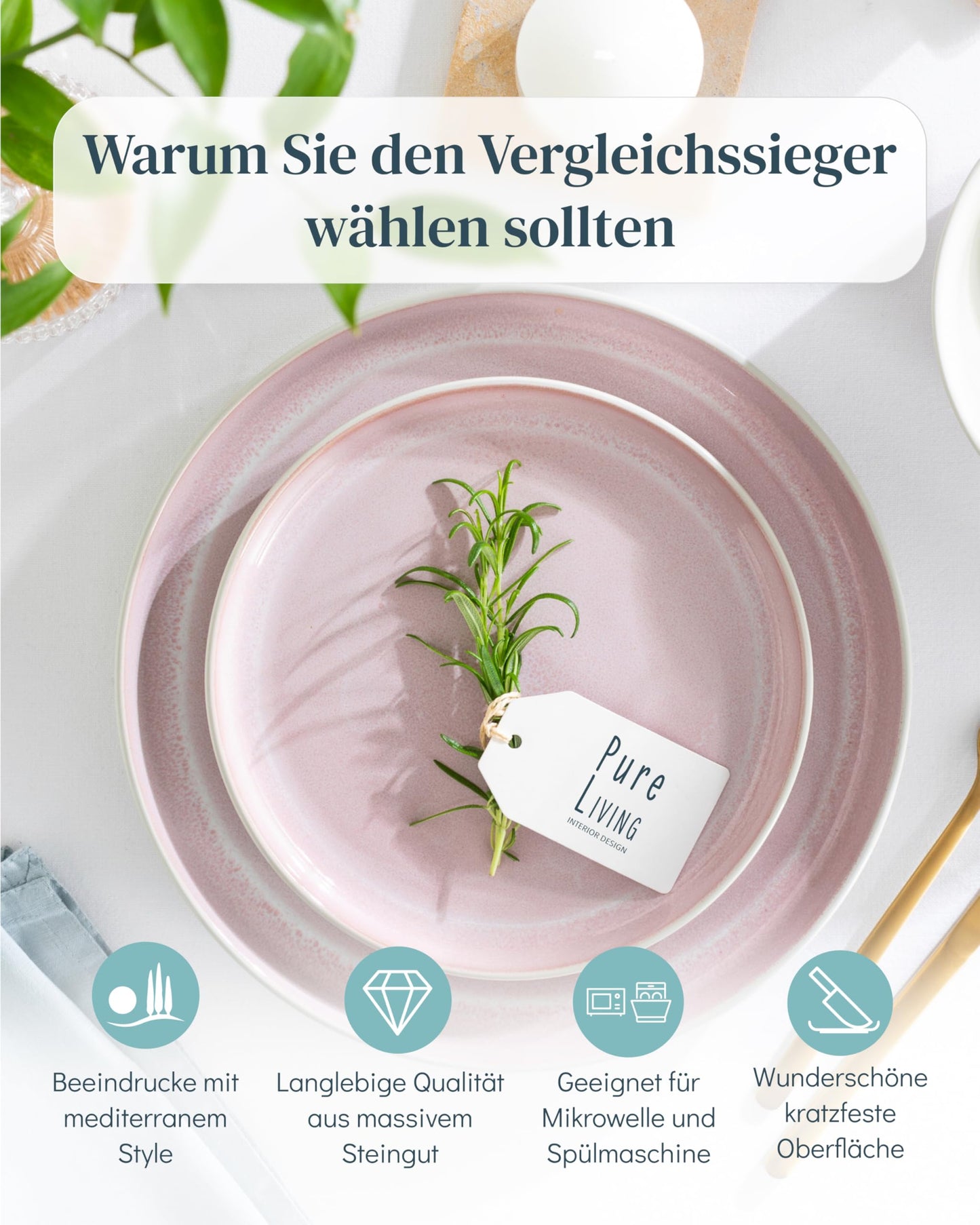 Steingut Geschirrset 12 Pers. Ibiza 36-tlg Hochwertiges Mediterranes TEST SEHR GUT Steingut Geschirr Set - Schüssel- und Teller Set - Tafelservice 12 Personen Geschirrsets Pure Living Beige und Rose