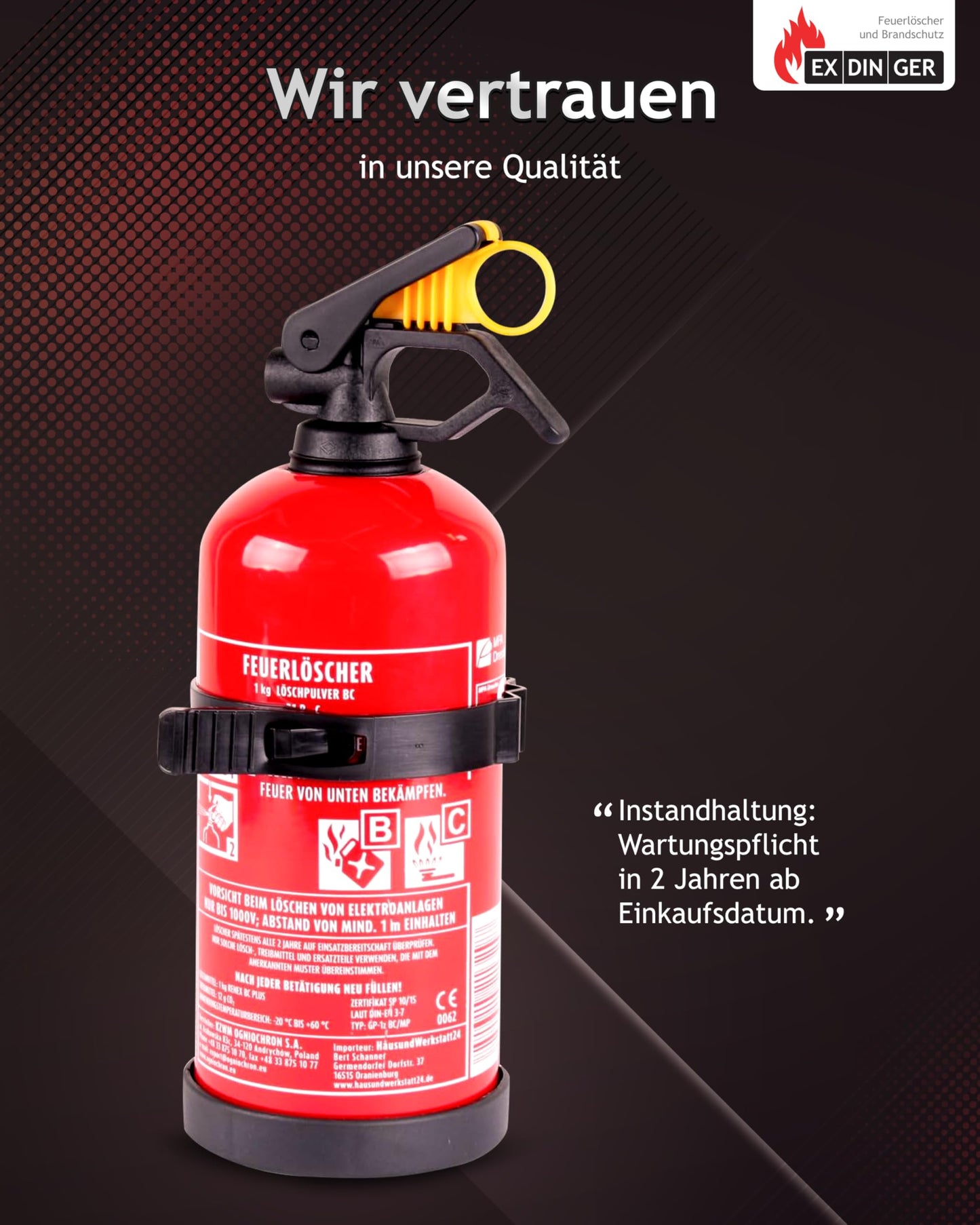 EXDINGER BC-Pulver-Autofeuerlöscher 1kg (Aufladelöscher GP-1Z BC Halterung Sicherungskeil Instandhaltungsnachweis)