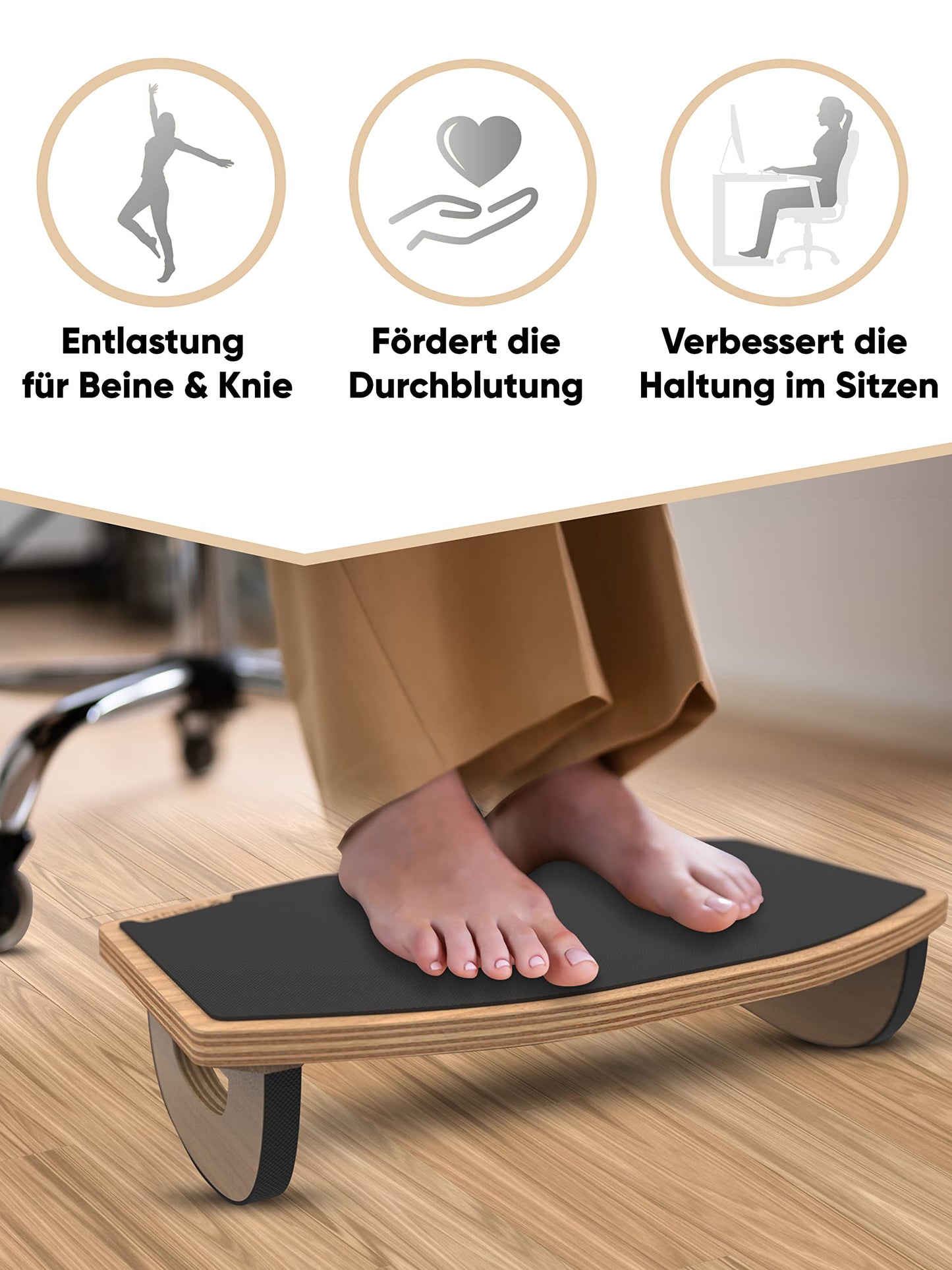 UNITURE® [NEU] Holz Fußstütze Schreibtisch Beinablage [Designed in Deutschland] Rutschfeste Fußablage Schreibtisch mit Wippfunktion - Bequemer Fußhocker fürs Büro - Footrest als Homeoffice Zubehör