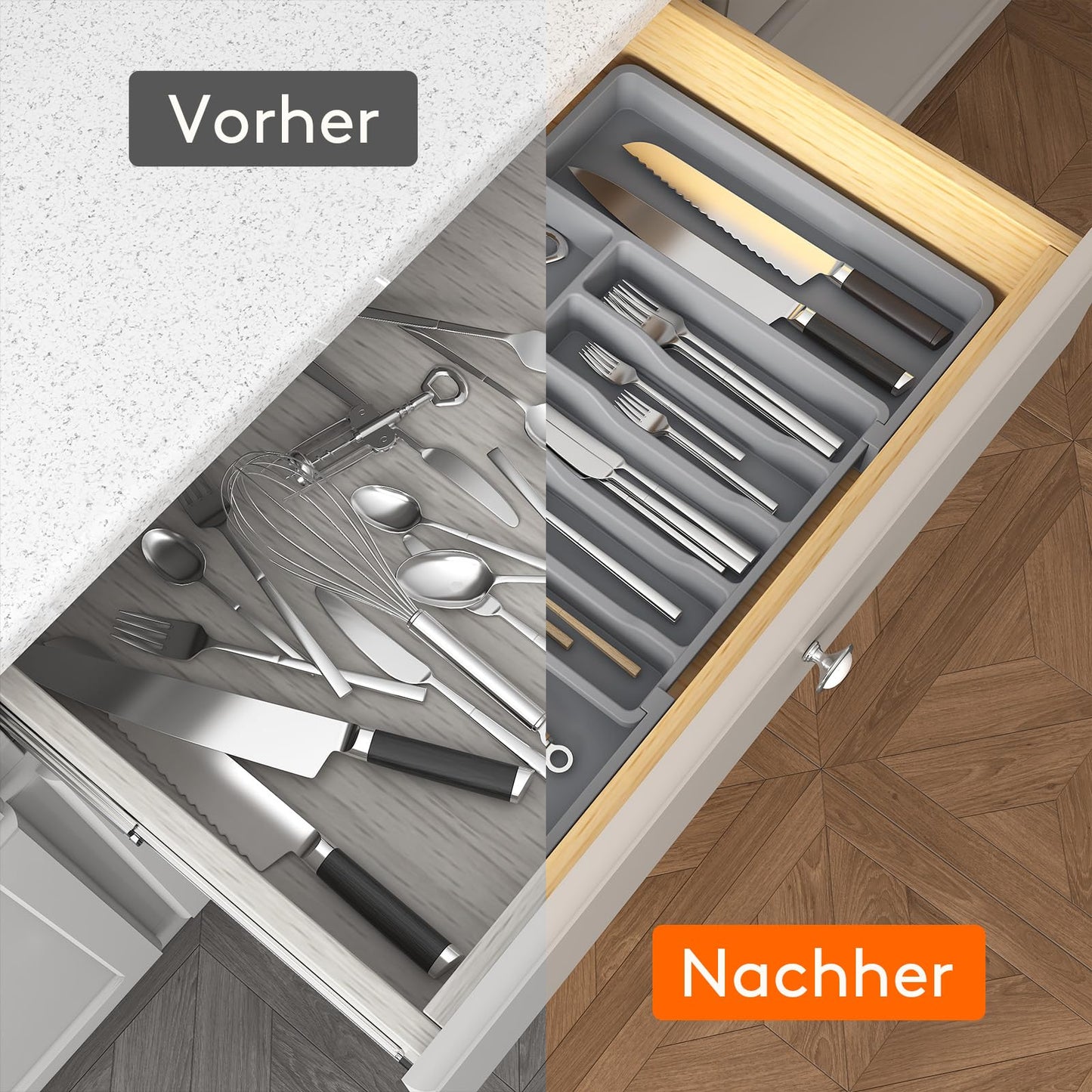 Lifewit Besteckkasten für Schubladen,erweiterbarer Besteckhalter Utensilienhalter für Küchenschubladen, kompakt Besteckeinsatz für Küche Organizer aus Kunststoff für Löffel,Gabeln, Messer, Grau