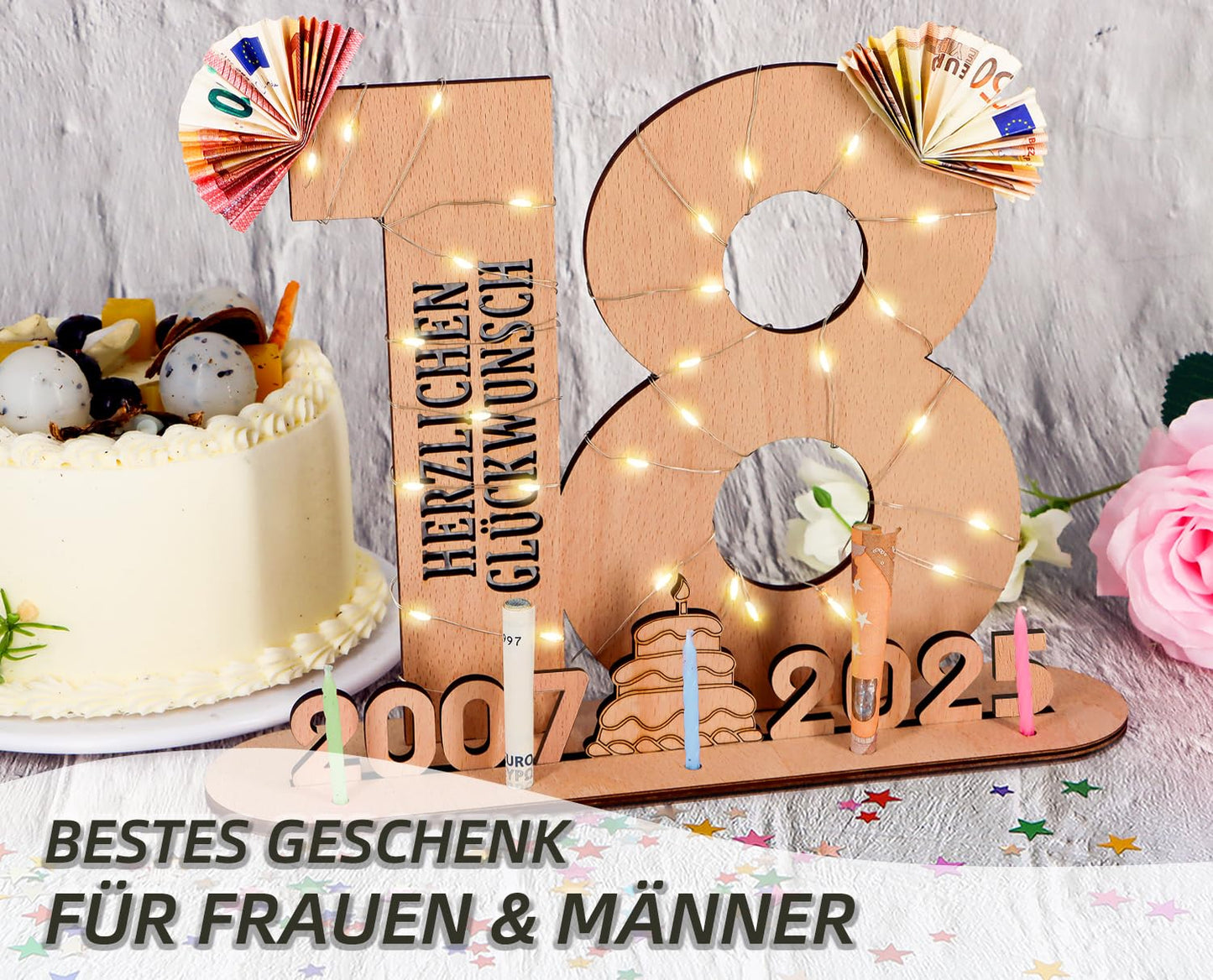 Giftota - Originelle 18 Geburtstag Geschenk Mädchen & Jungen - Geldgeschenke Geburtstag 18 mit LED Lichterkette Ständer - 2025 Holz-Schild Gästebuch - 18 Geburtstag Deko - Personalisierbares Geschenk