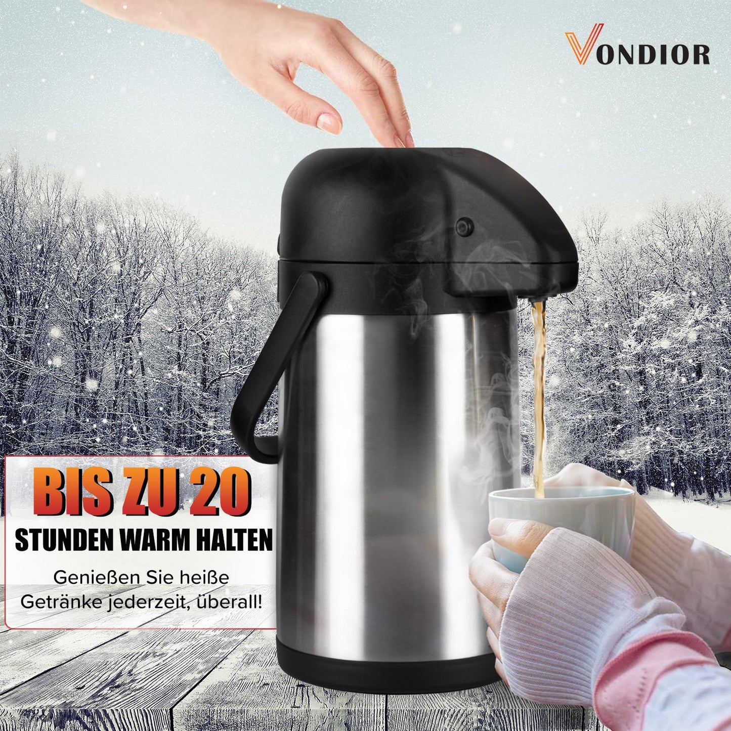 Vondior Airpot Pumpkanne 1,9 liters - Professionelle isolierte Kaffeekaraffe aus Edelstahl, Thermoskanne, Thermos-Getränkespender, Geeignet Für Partygetränke