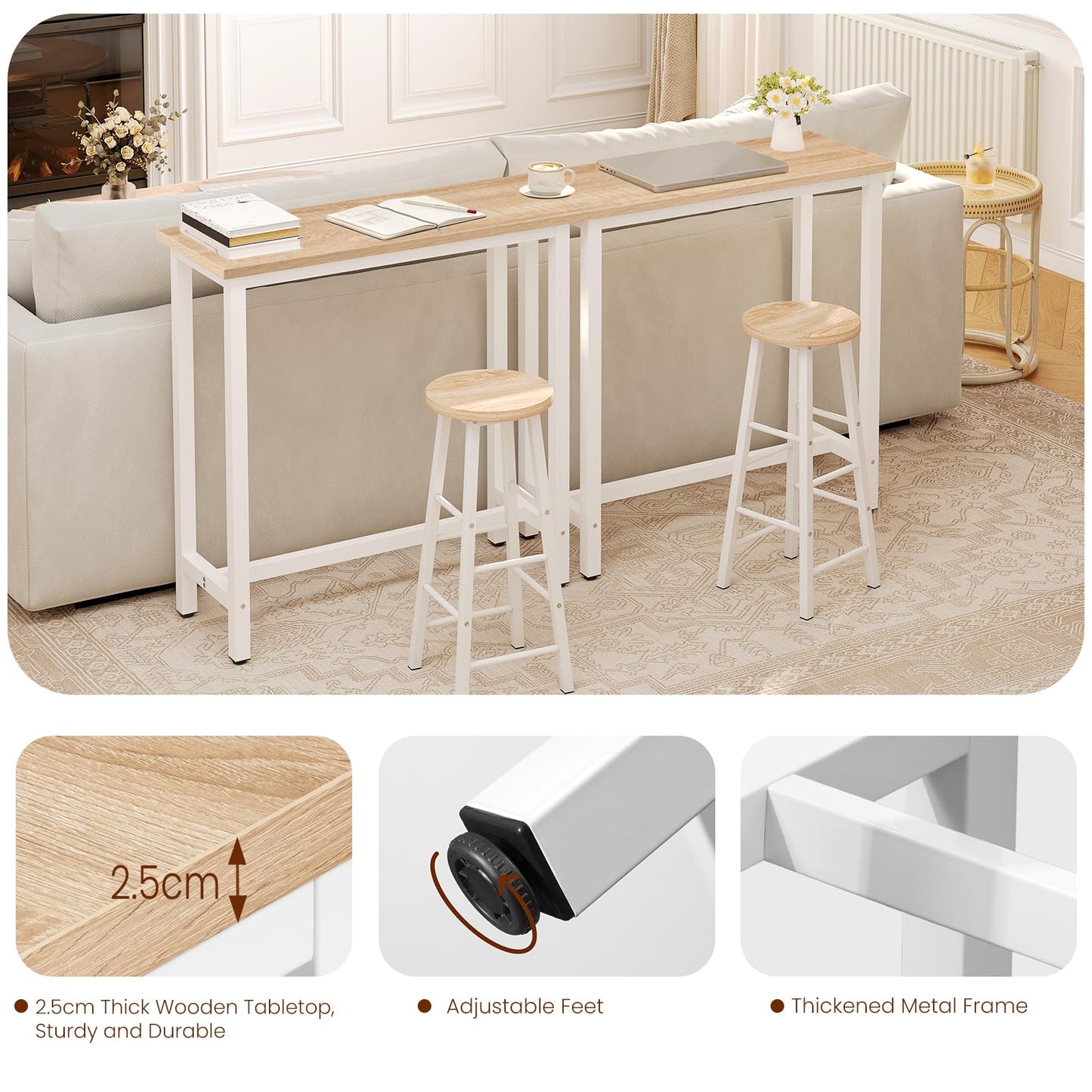 WOLTU 1x Bartisch Bistrotisch Stehtisch Esstisch, Metallgestell, Tischplatte aus MDF, Helleiche, 100x40x100cm(BxTxH)