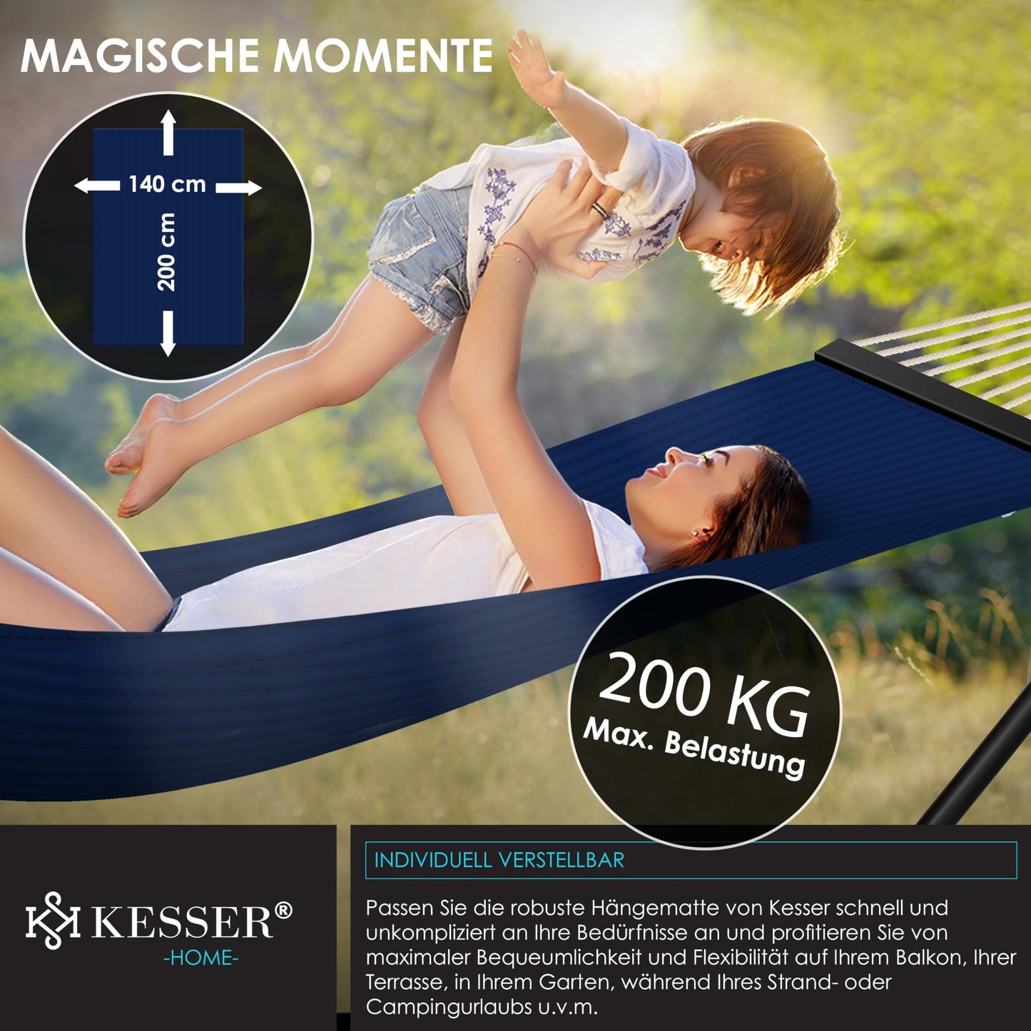 KESSER® Hängematte Hill mit Gestell Kissen Doppelhängematte für 2 Personen-Stabiler Rahmen 200kg Belastbarkeit Indoor & Outdoor XXL Hängesessel Doppel Mehrpersonen Garten Pool Balkon Terrasse Navy