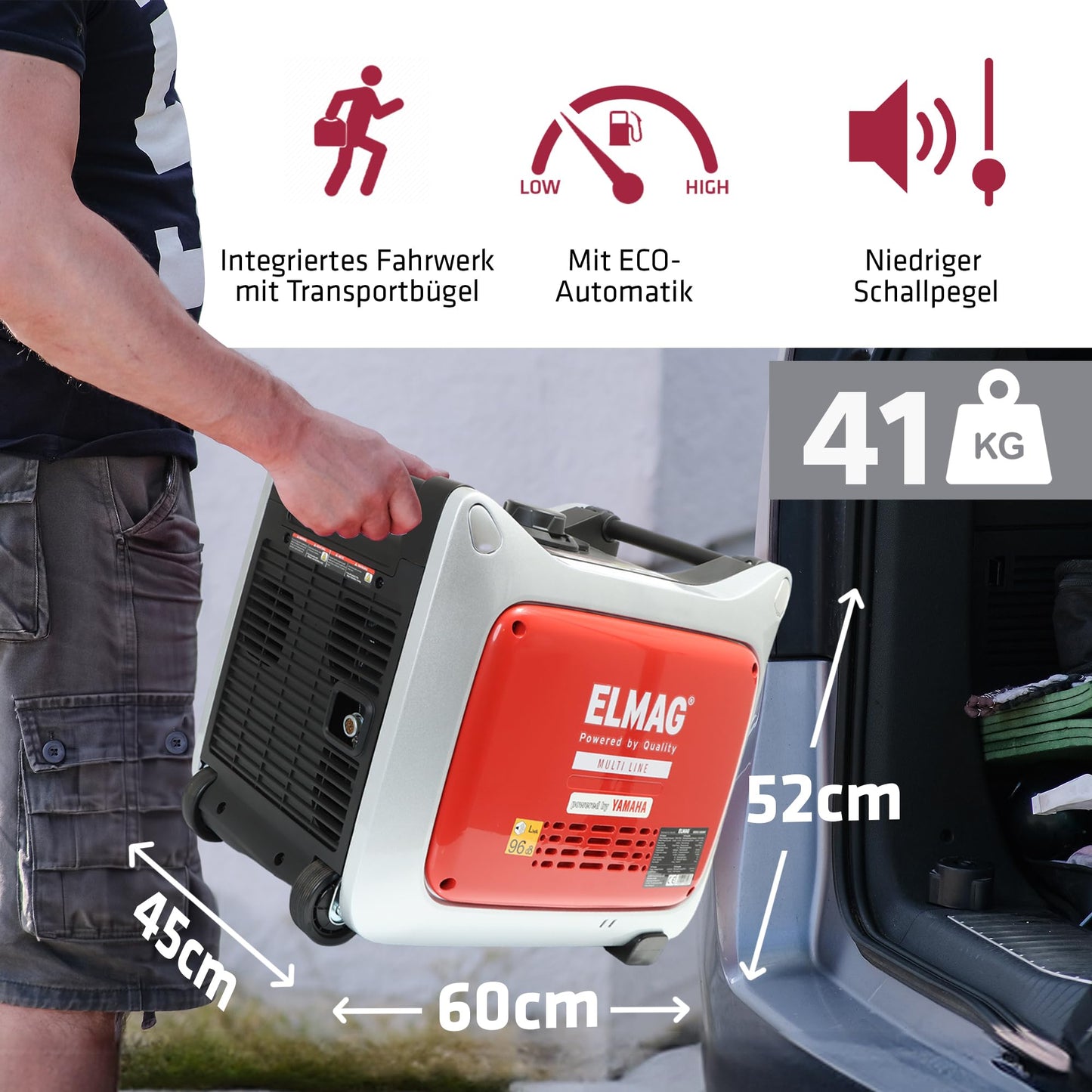 ELMAG Inverter Stromerzeuger SEBSS 3000Wi – 2,6 kVA Benzin Stromgenerator mit 4-Takt-Motor, leise & kraftvoll – Stromaggregat mit ECO-Modus, 2 x 230V, USB & 12V – Für Camping, Outdoor & Notstrom