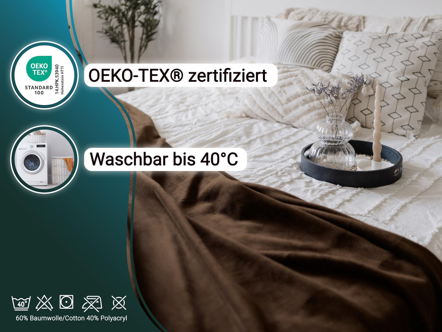 ZOLLNER Kuscheldecke flauschig in 220x240 cm - weiche und langlebige Sofadecke in braun - waschbar bis 40°C - Mischgewebe - mit elegantem Einfassband - Hotelqualität - Oeko Tex® Zertifiziert