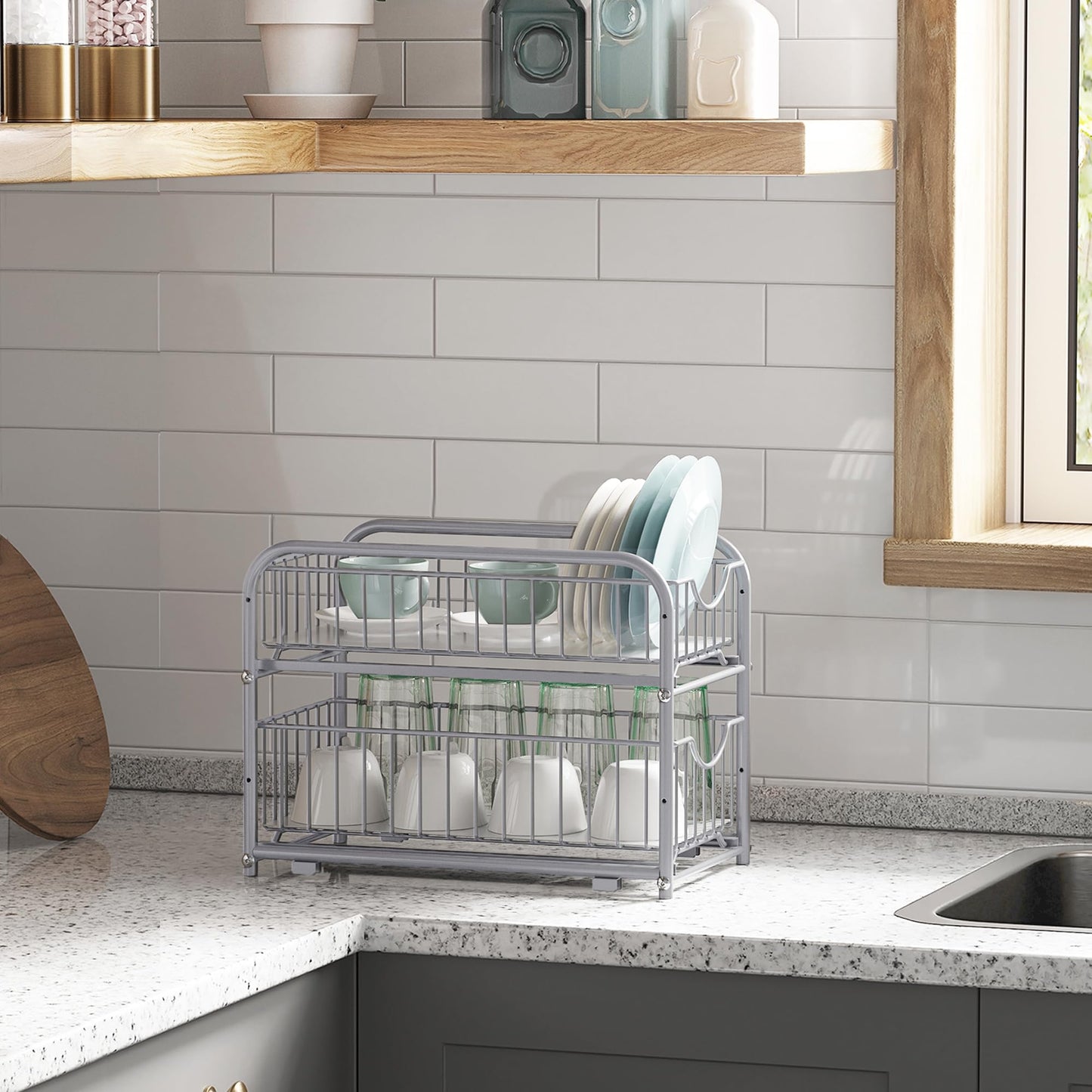 SONGMICS Küchenschrank Organizer, Küchenregal, Ordnungssystem, 2 Ebenen, stapelbar, erweiterbar, mit Metallkörben, für Küche, metallisches Silber KCS017E01
