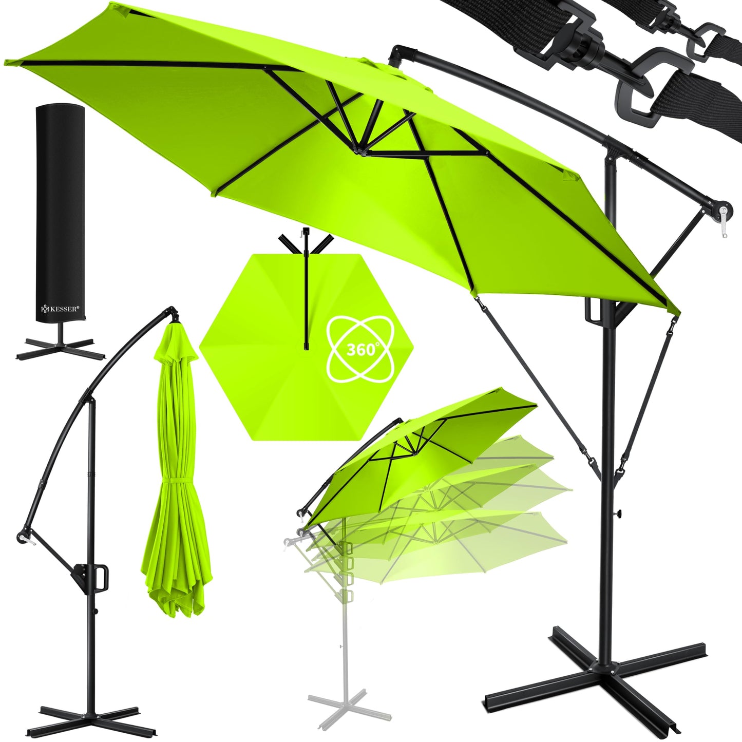 KESSER® Alu Ampelschirm Sonnenschirm + Abdeckung Ø350 cm & Kurbelvorrichtung Kurbelschirm mit Ständer UV-Schutz Aluminium Wasserabweisende Bespannung 360° Funktion Garten-Schirm Marktschirm Hellgrün