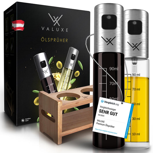 VALUXE® Ölsprüher für Speiseöl und Essig mit UV-Schutz Glas & Sprühfilter - 2er Set Edelstahl Öl-Sprühflasche inkl. Halterung - Präziser Olivenöl Sprüher, Öl-Zerstäuber, Oil-Sprayer