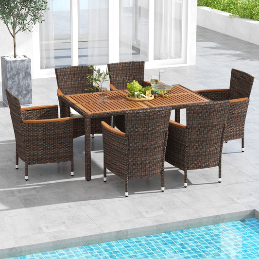 COSTWAY 7 TLG. Rattan Gartenmöbel Set, Sitzgruppe für 6 Personen, Gartentisch mit Tischplatte aus Akazienholz, 6 stapelbare Stühle & Kissen, Terrassenmöbel Set, Gartengarnitur, Sitzgarnitur, Essgruppe