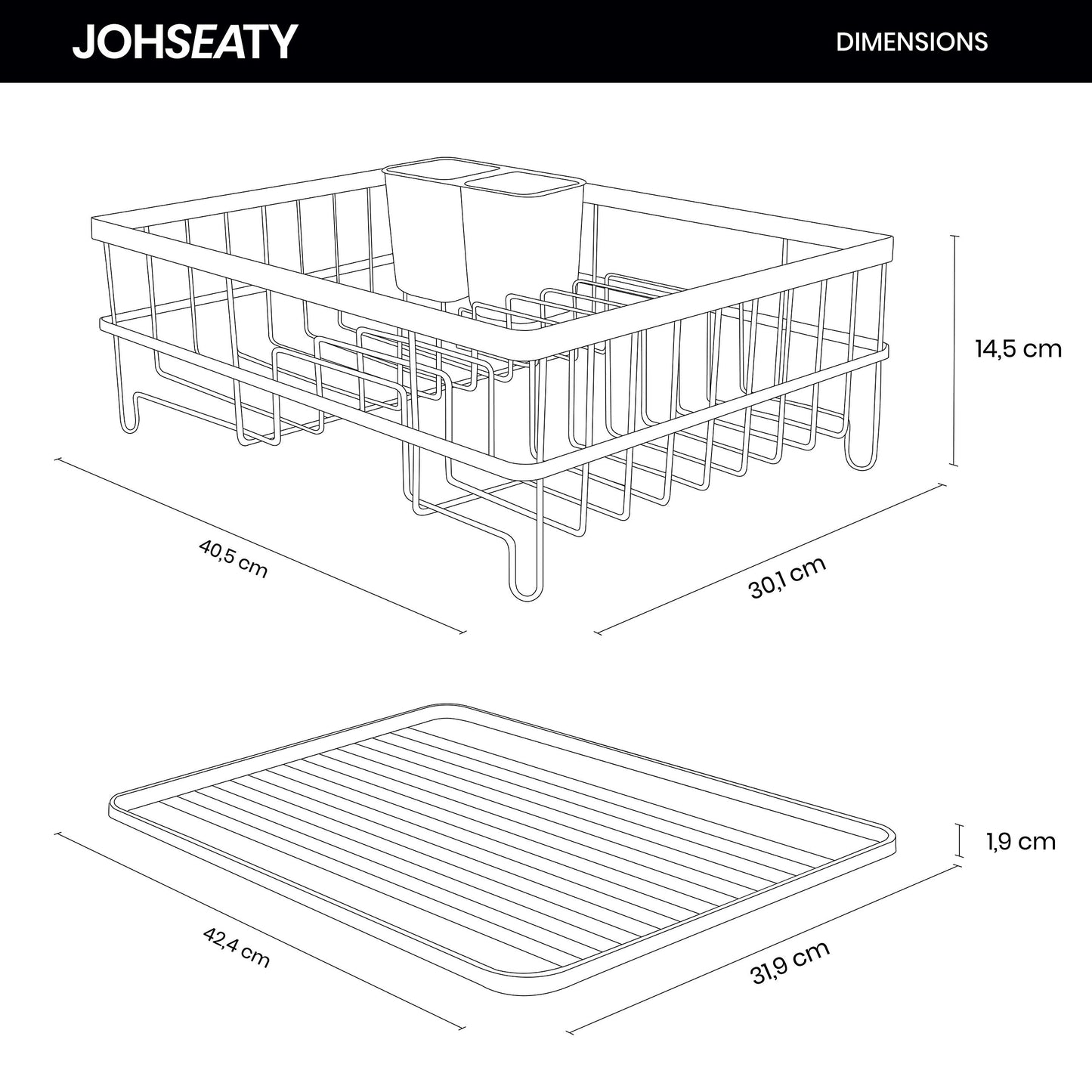 JOHSEATY Abtropfgestell Geschirr Schwarz Matt Metall (42x31,5x15,5cm) Geschirrabtropfgestell mit Besteck Halterung und Abtropfschale aus Plastik für die Spüle Geschirr Abtropfständer