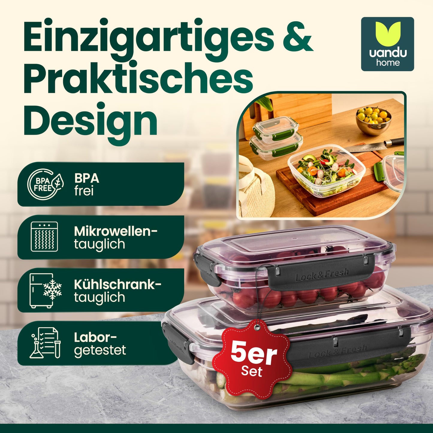 uandu Frischhaltedosen mit Deckel für Lebensmittel, 5er Tupperdosen Set, Vorratsdosen mit Deckel Luftdicht Set, Meal Prep Boxen, Mikrowellengeschirr mit Deckel und Gefriergeeignet, BPA frei Kunststoff