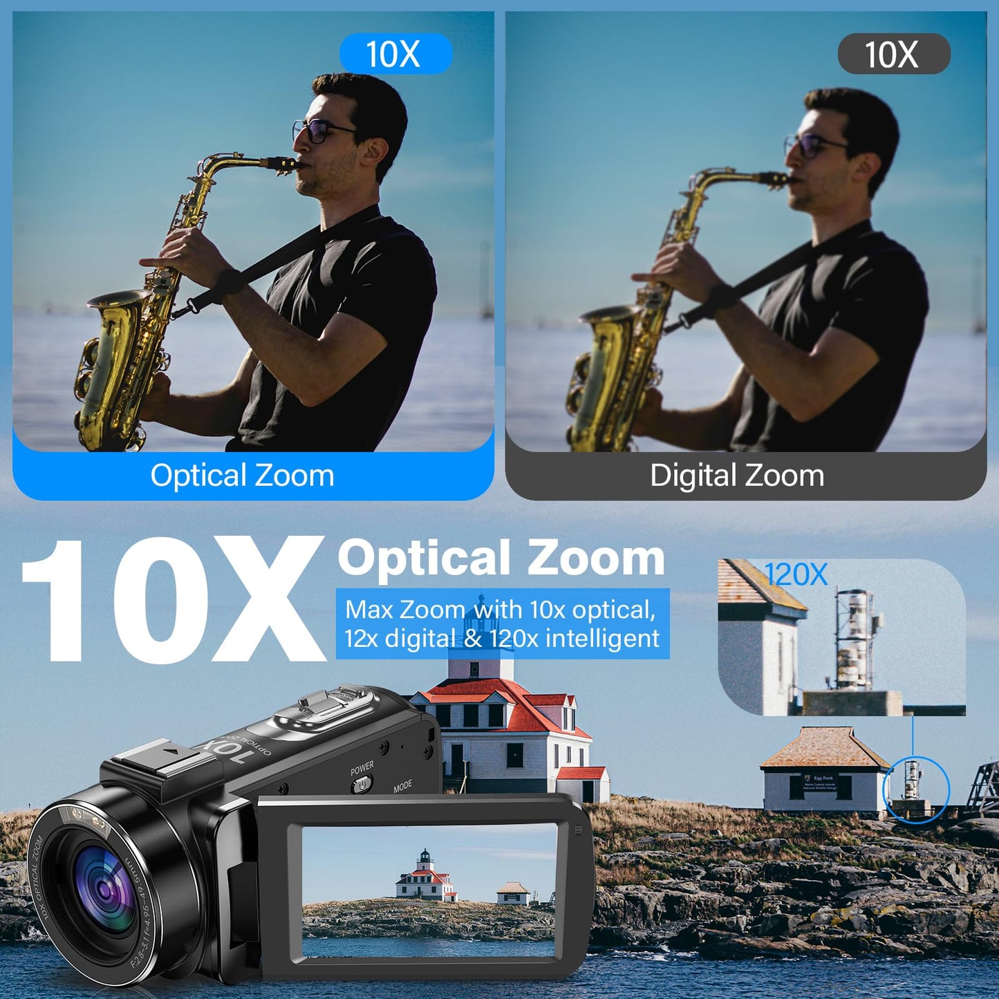 4K Videokamera Camcorder, 10X Optischer 120X Intelligenter Zoom Vlogging Kamera, 30 MP Autofokus Webcam Camera mit Stativ, 3,0-Zoll-IPS-Touchscreen, Mikrofon, 32 GB SD Karte, 2 Batterien für YouTube