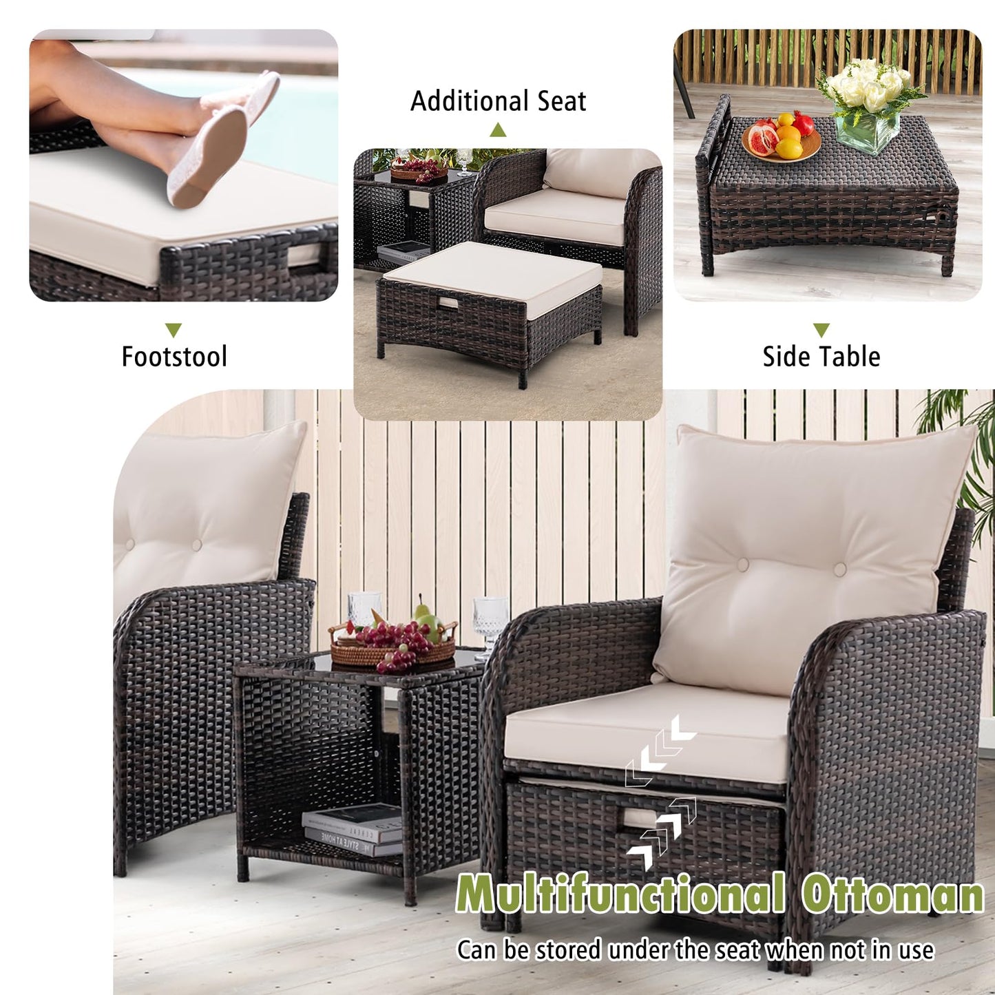 GIANTEX 5er Rattan Gartenmöbel Set, Balkonmöbel Kleiner Balkon, Balkonset 2 Rattansessel mit Hocker, Gartenlounge Set Terrassenmöbel mit Tisch, Gartengarnitur Möbelsets Outdoor Sitzgruppe 5 teilig