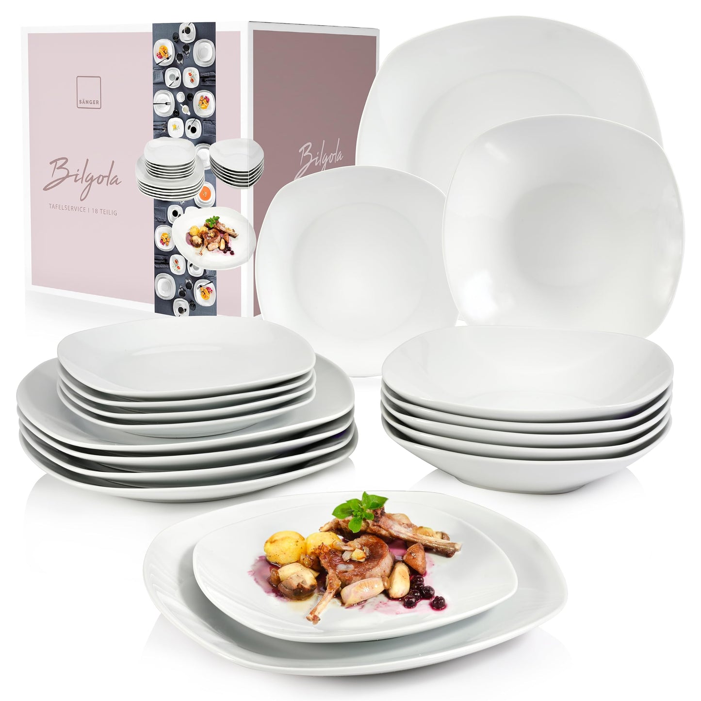SÄNGER | Tafelservice Bilgola Weiß, 18-teiliges Geschirrset für 6 Personen mit Suppen-, Dessert-, & flachen Tellern aus Porzellan | PREMIUM COLLECTION