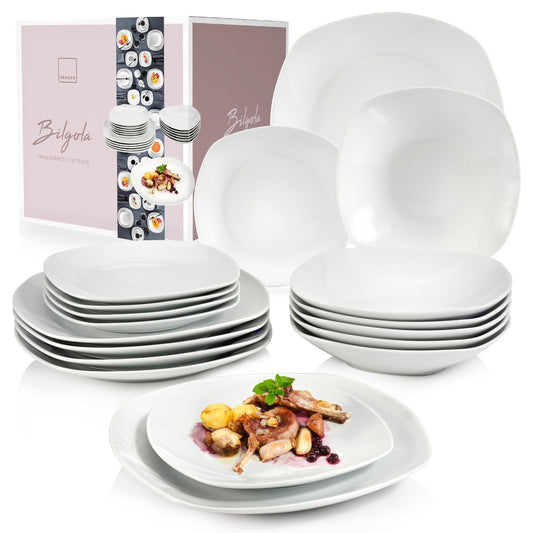 SÄNGER | Tafelservice Bilgola Weiß, 18-teiliges Geschirrset für 6 Personen mit Suppen-, Dessert-, & flachen Tellern aus Porzellan | PREMIUM COLLECTION