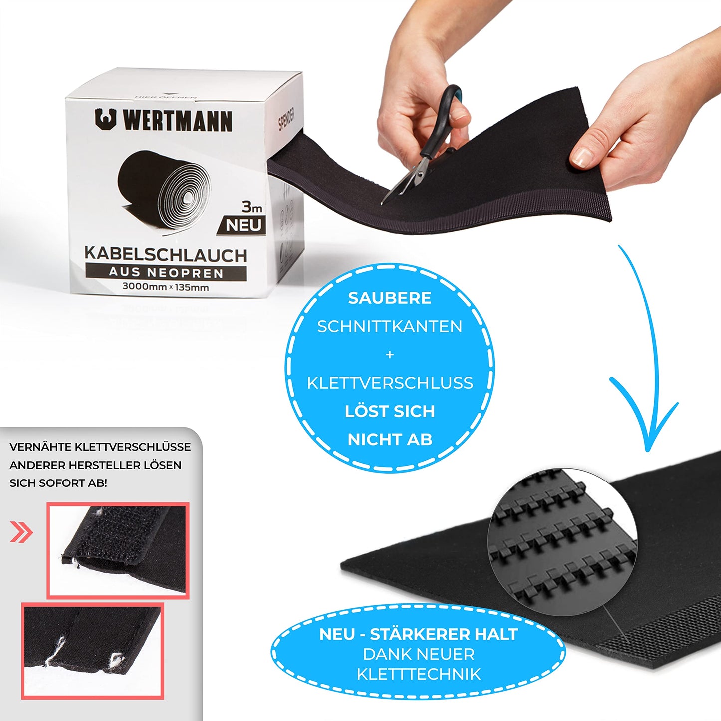 Wertmann Neopren Kabelschlauch [3m] für TV oder PC Kabelmanagement Schreibtisch - Einstellbarer Durchmesser - als Flexibler Kabelkanal Schreibtisch oder als Kabelschutz Katze in schwarz oder weiß