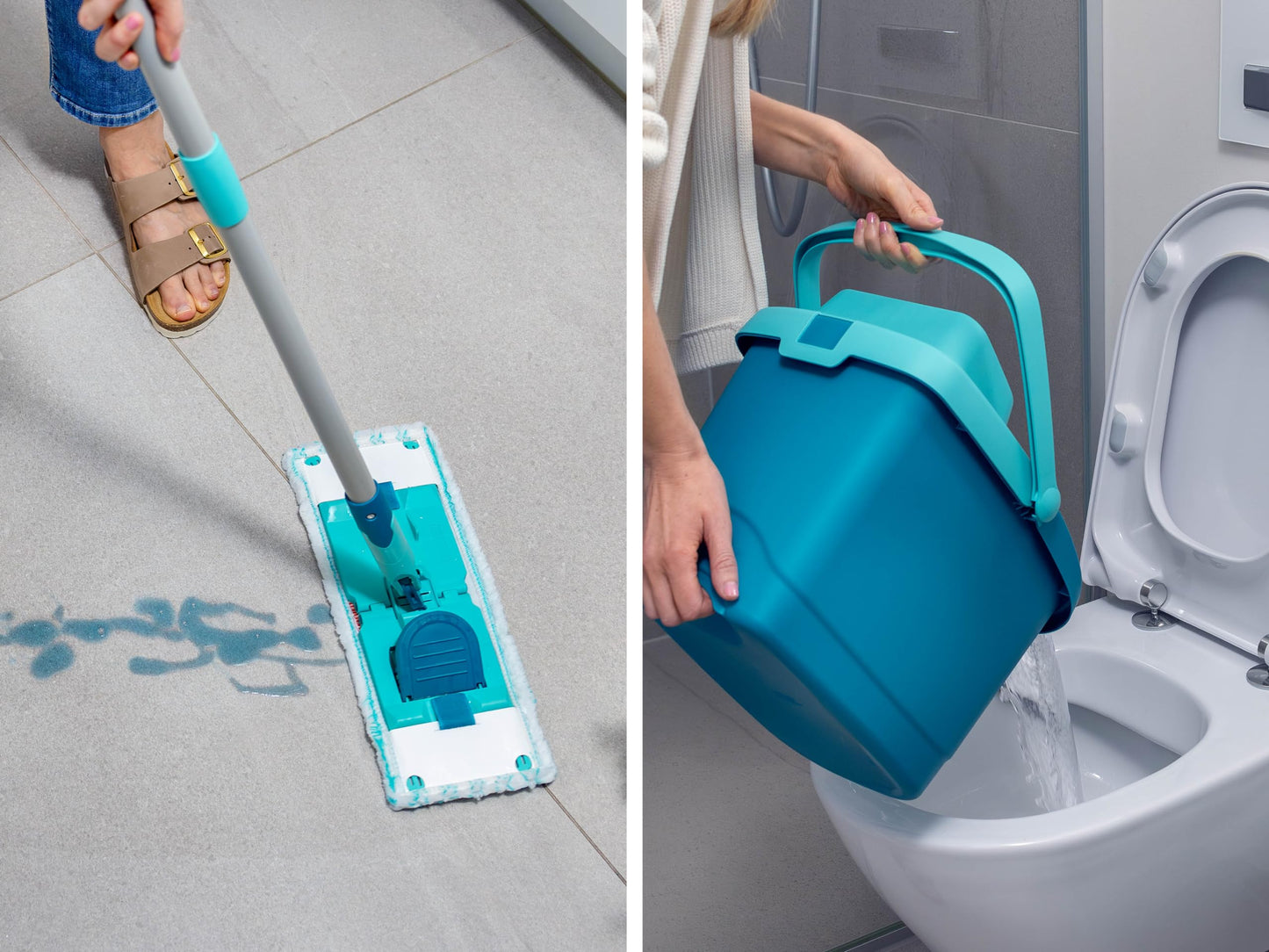Leifheit Set POWER CLEAN, Wischer für Alle, rückenschonender Bodenwischer mit Reinigungsklingen, Wischtuchpresse, Wischmopp Set mit Eimer und 2x Mikrofaser Wischbezüge für alle Hartböden, Click-System