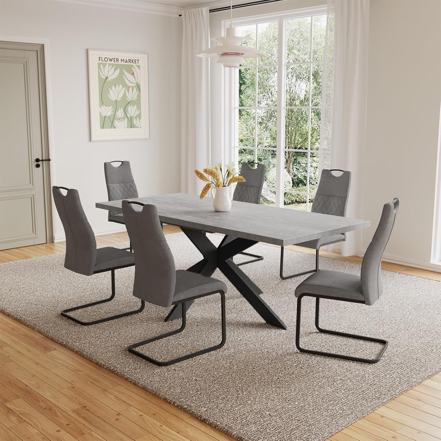 jiexi Essgruppe für 4-6 Personen, Ausziehbarer Esstisch 130-170 cm, Grauer MDF-Holztisch mit 6 Stühlen für Küche und Wohnzimmer