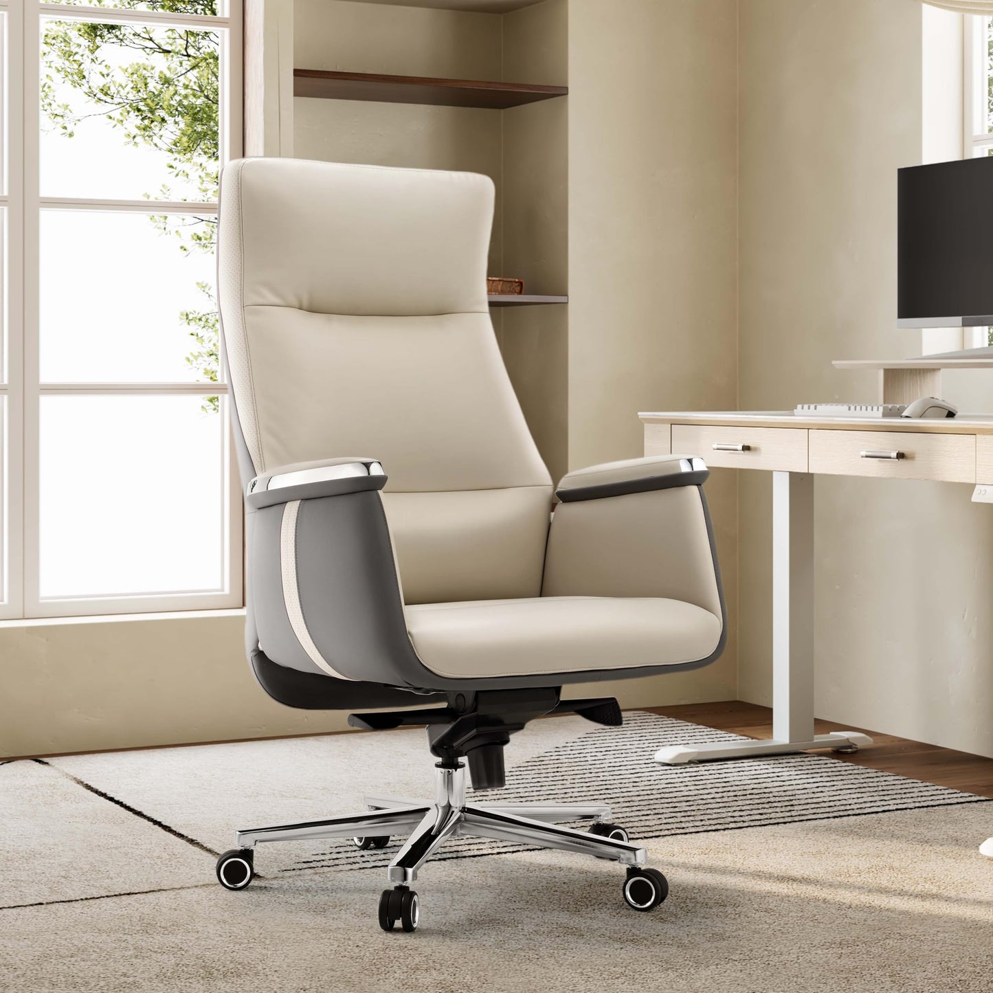 EUREKA ERGONOMIC Hochlehner Bürostuhl, Executive Drehstuhl mit extra breitem Sitz, Ergonomischer Schreibtischstuhl Leder für das Home Office, maximal 136 KG, Beige & Grau