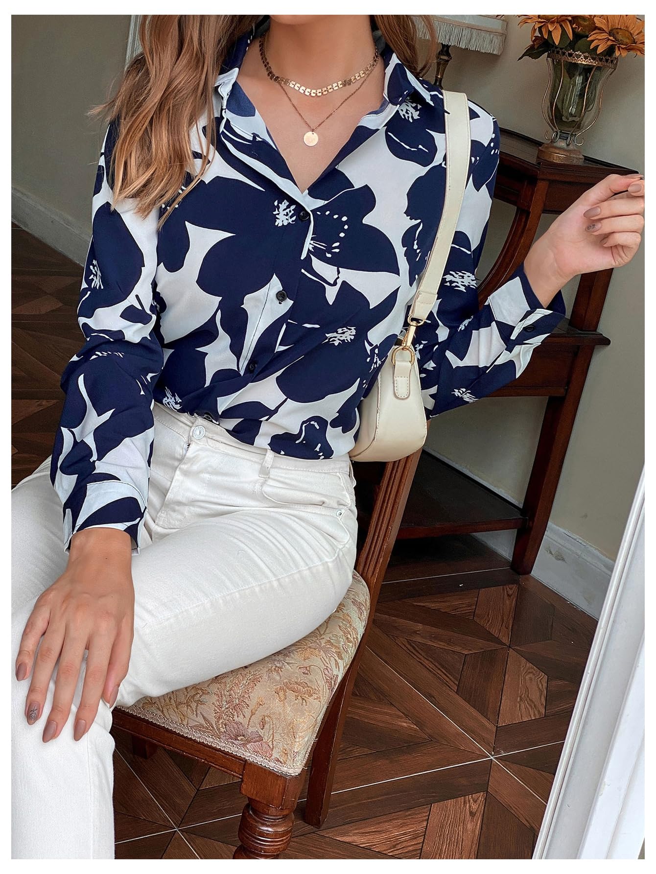 GORGLITTER Damen Elegante Bluse Langarm Oberteil Mit Blumenmuster Hemd Shirt Bluse Mit Stehkragen Locker Bluse Herbst Blusen Büro Bluse Blau M
