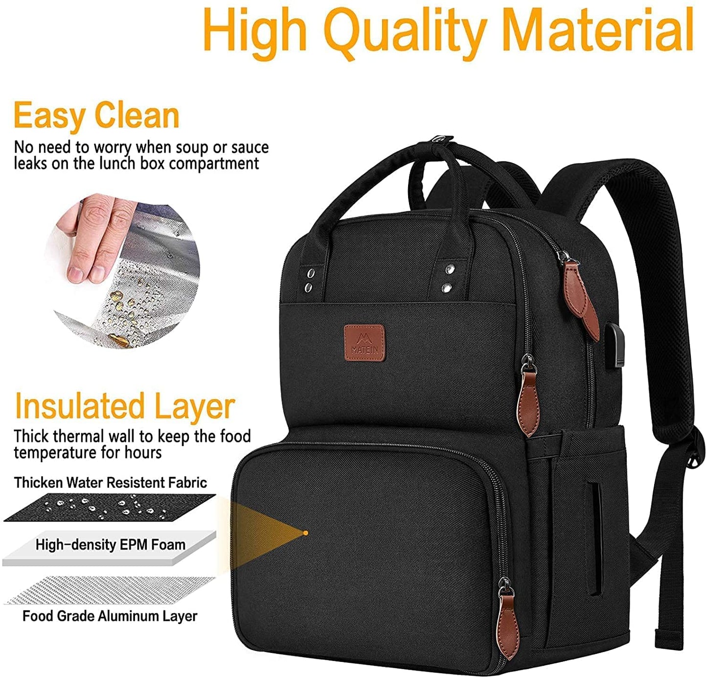 MATEIN Lunch Rucksack, Laptop Rucksack Herren 15,6 Zoll mit Isoliertes Kühlfach, Kühlrucksack mit USB Ladeanschluss, Wasserdicht Kühltasche Lunch Tasche Damen Reisen Arbeit, Schwarz
