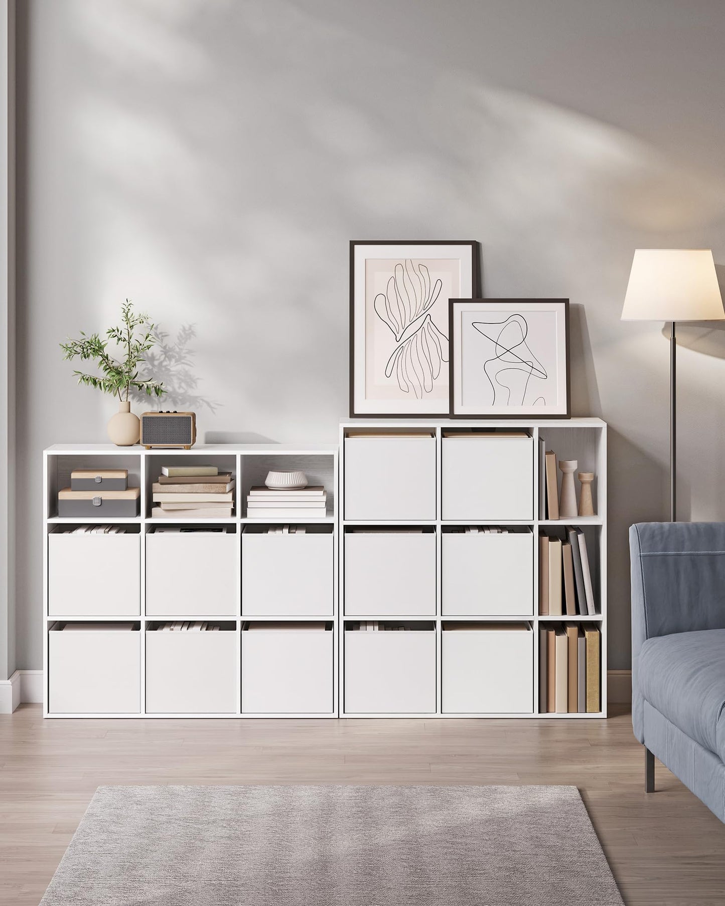 SONGMICS HOME 9-Fächer-Bücherregal, Schneeweiß, Werkzeugloses Würfelregal mit 6 Stoffschubladen, Flexibler Organizer für Wohnzimmer und Büro