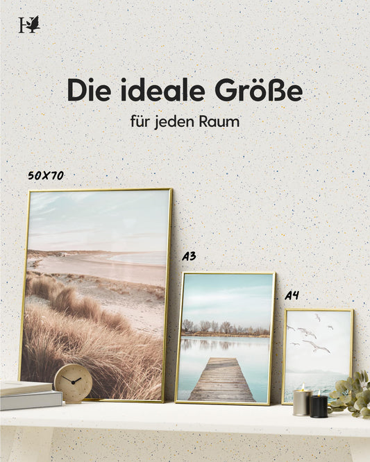 Heimlich® 1x Bilderrahmen DIN A4 21x30 cm Gold Metall Rahmen 1-Pack | Dokumentenrahmen 21x29,7 cm Klein Collage | Metallrahmen Alu-Bilderrahmen Aluminium | Picture Frame A4 Fotorahmen