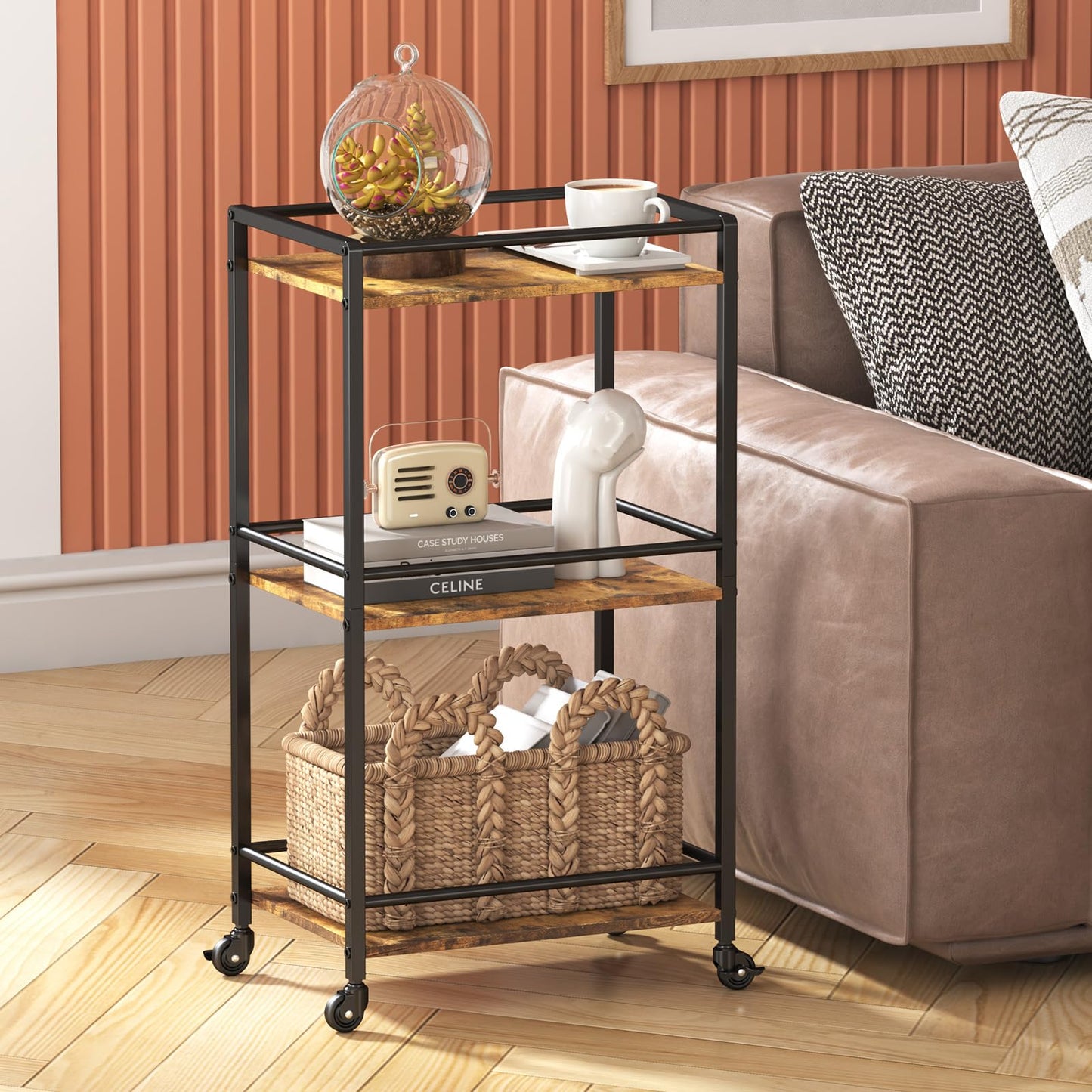 Lifewit Servierwagen mit Rollen, 3-stöckiger rollender Küchenwagen, Küchenregal Rackwagen Barwagen mit feststellbaren Rädern für Küchen,Wohnzimmer, Outdoor, 43,2 x 30 x 81,5 cm, Braun Rustikal