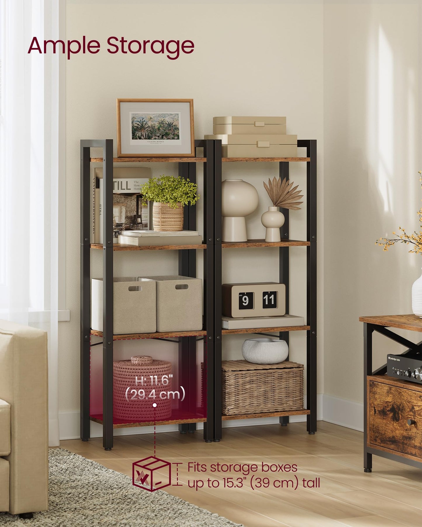 VASAGLE Bücherregal 4 Ebenen im Industriestil, Rustikales Braun und Tintenschwarz, 24 x 40 x 107 cm für Wohnzimmer und Büro