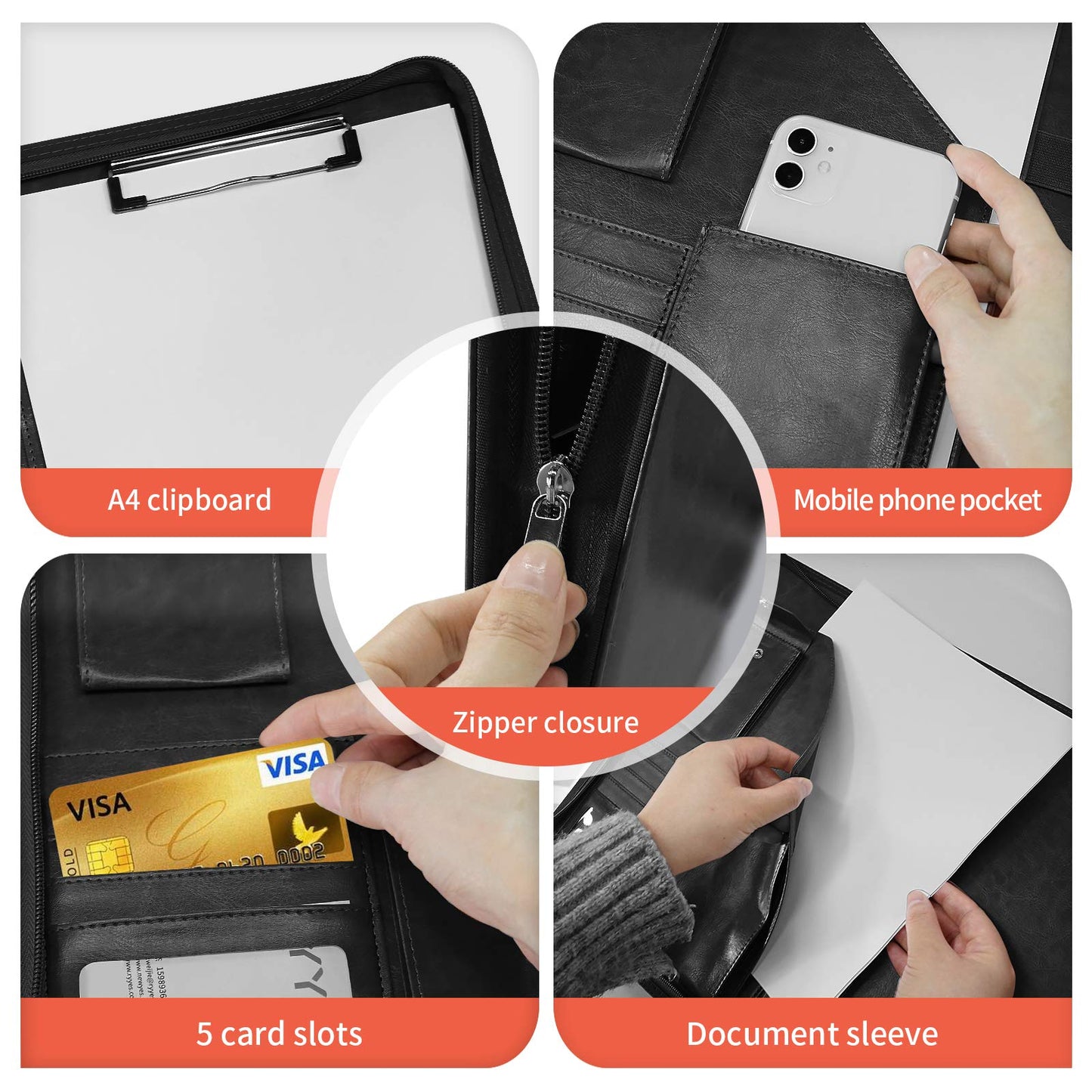 NEWYES NY-A403-BL-EU Konferenzmappe aus Leder, mit Reißverschluss, A4, Reisedokumentenmappe, Portfolio-Reisetasche, persönlicher Agenda-Organizer, 33,5 cm x 25 cm x 3,5 cm, Schwarz-Weiß