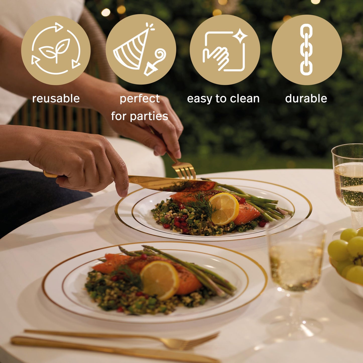 MATANA 25 Premium Weiße Plastikteller mit Goldrand, Mehrweg Kunststoffteller, 26cm - Partyteller Gold für Hochzeiten, Geburtstage, Partys - Elegantes & Stabiles Partygeschirr