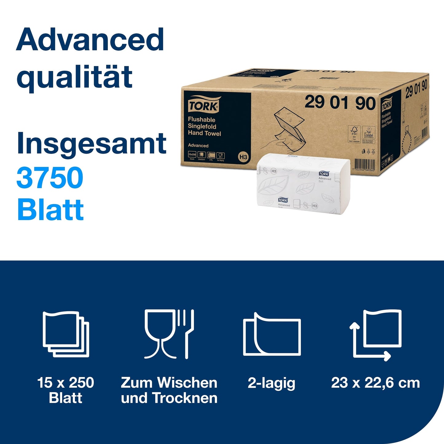 Tork Schnellauflösende Zickzack Papierhandtücher - 0290190 - Falthandtücher zum Nachfüllen für Papiertuch Spender, H3 Advanced - 2-lagig, weiß - Großpackung mit 15 x 250 Tücher