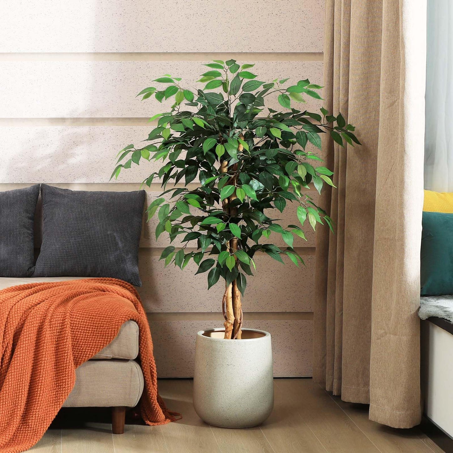 SOGUYI 120 cm Kunstpflanze Ficusbaum - Kunstpflanzen wie echt mit Stamm aus Naturholz, Große Künstliche Pflanzen für Büro, Zuhause, Innen- und Außendekoration, 1 Packung