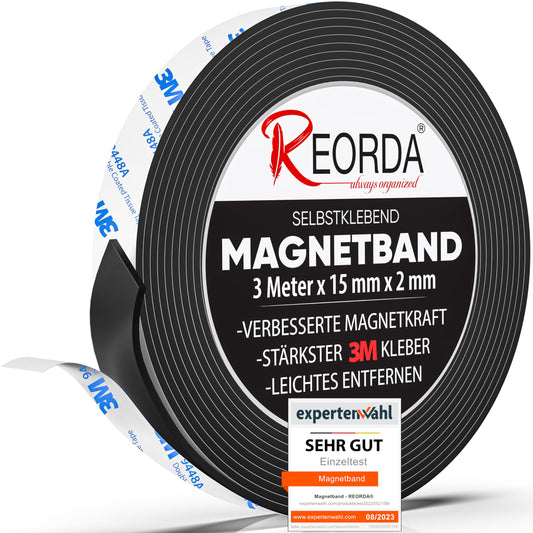 REORDA® Magnetband selbstklebend stark - Magnetstreifen selbstklebend mit starkem 3M Kleber - Magnetklebeband mit optimierter Magnetkraft - Magnet Klebeband