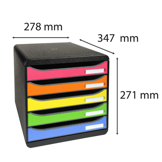 Exacompta 309798D Premium Ablagebox mit 5 Schubladen für DIN A4+ Dokumente. Stapelbare Schubladenbox mit hoher Kapazität für mehr Platz auf dem Schreibtisch Big Box Iderama Schwarz|Bunt