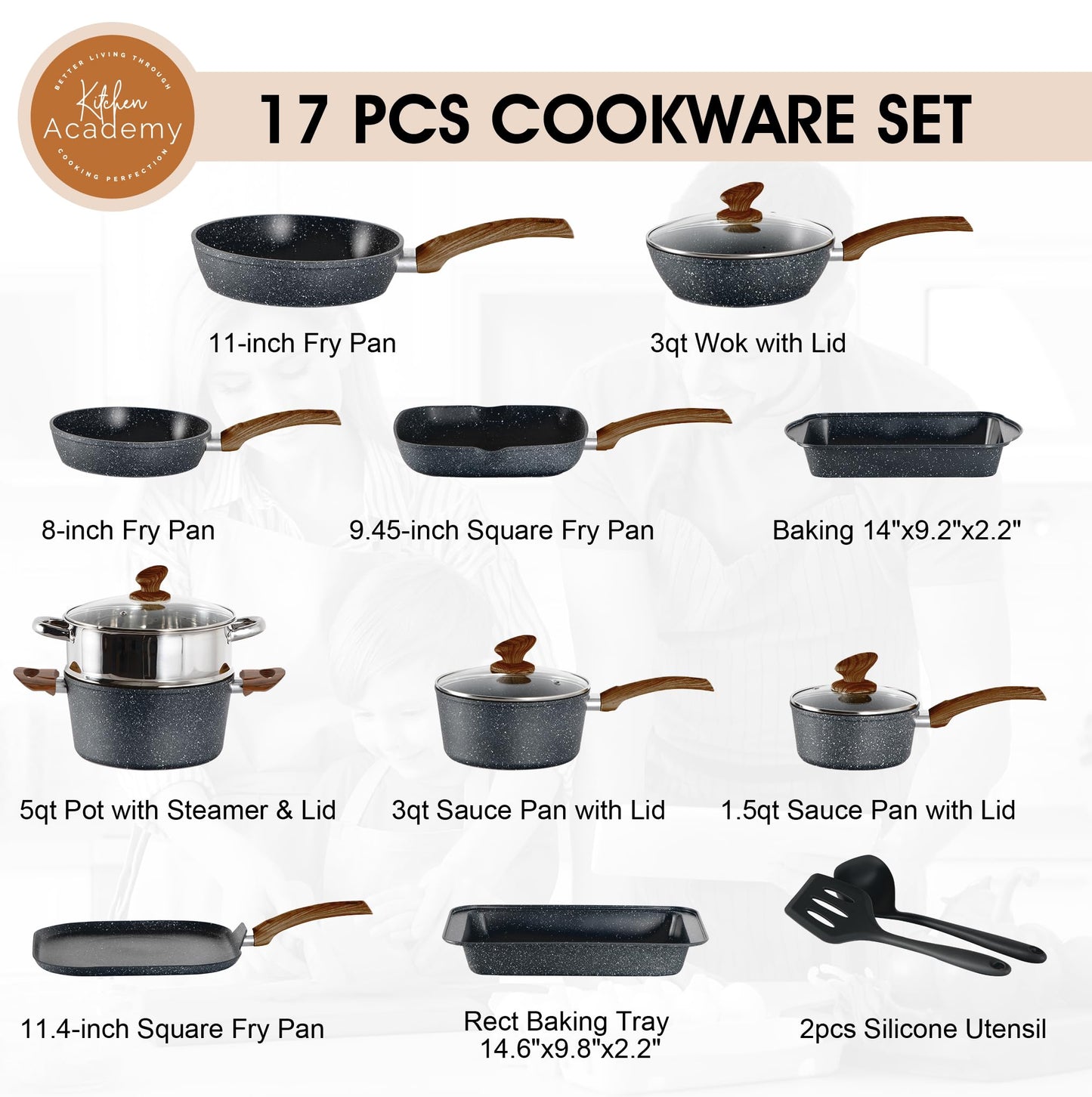 Kitchen Academy Induktions Töpfe Set 17-teilig, Kochtopf Set mit Glasdeckeln, Granit Töpfe und Pfannen Set Schwarz