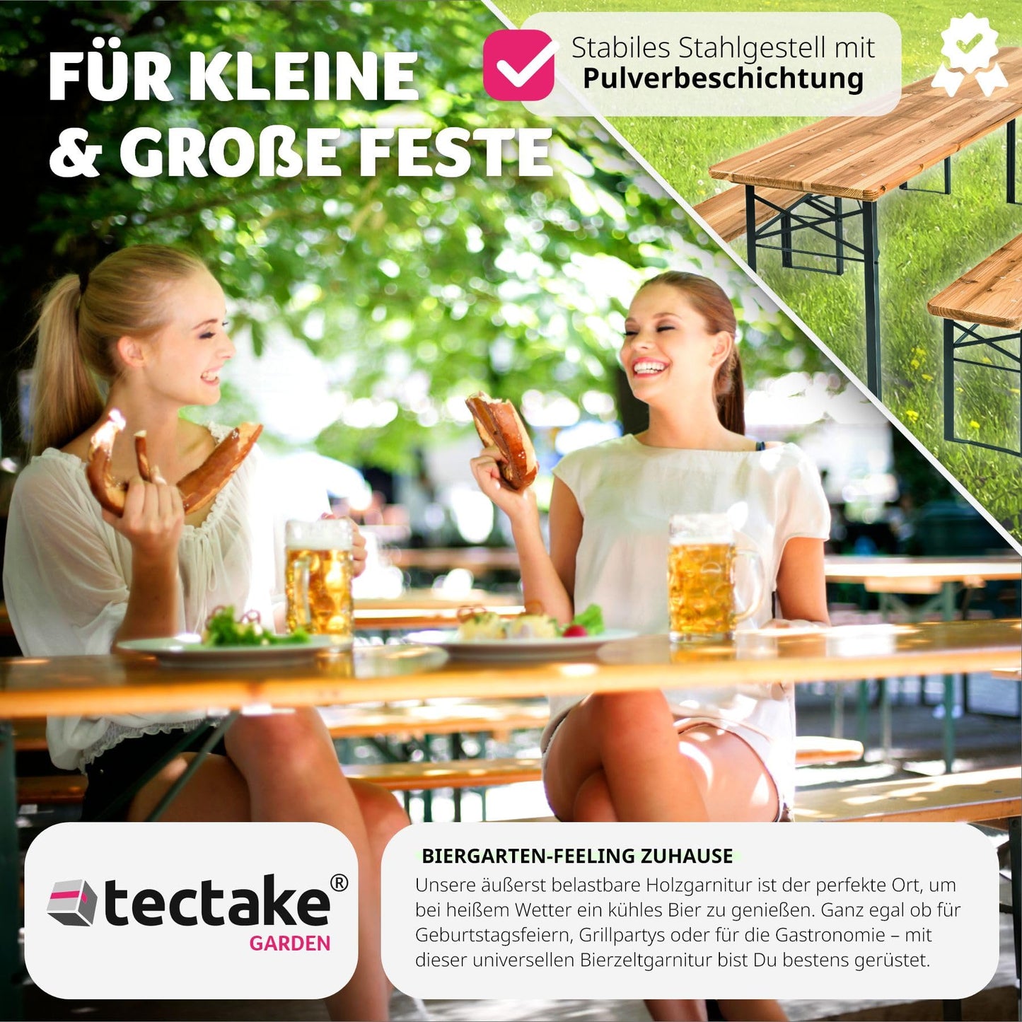 tectake® Bierzeltgarnitur, Festzeltgarnitur, Biertisch, Set 2X Bierbank 1x Tisch klappbar, als Gartenmöbel, Balkon Möbel oder zum Camping, platzsparend, wetterfest und robust