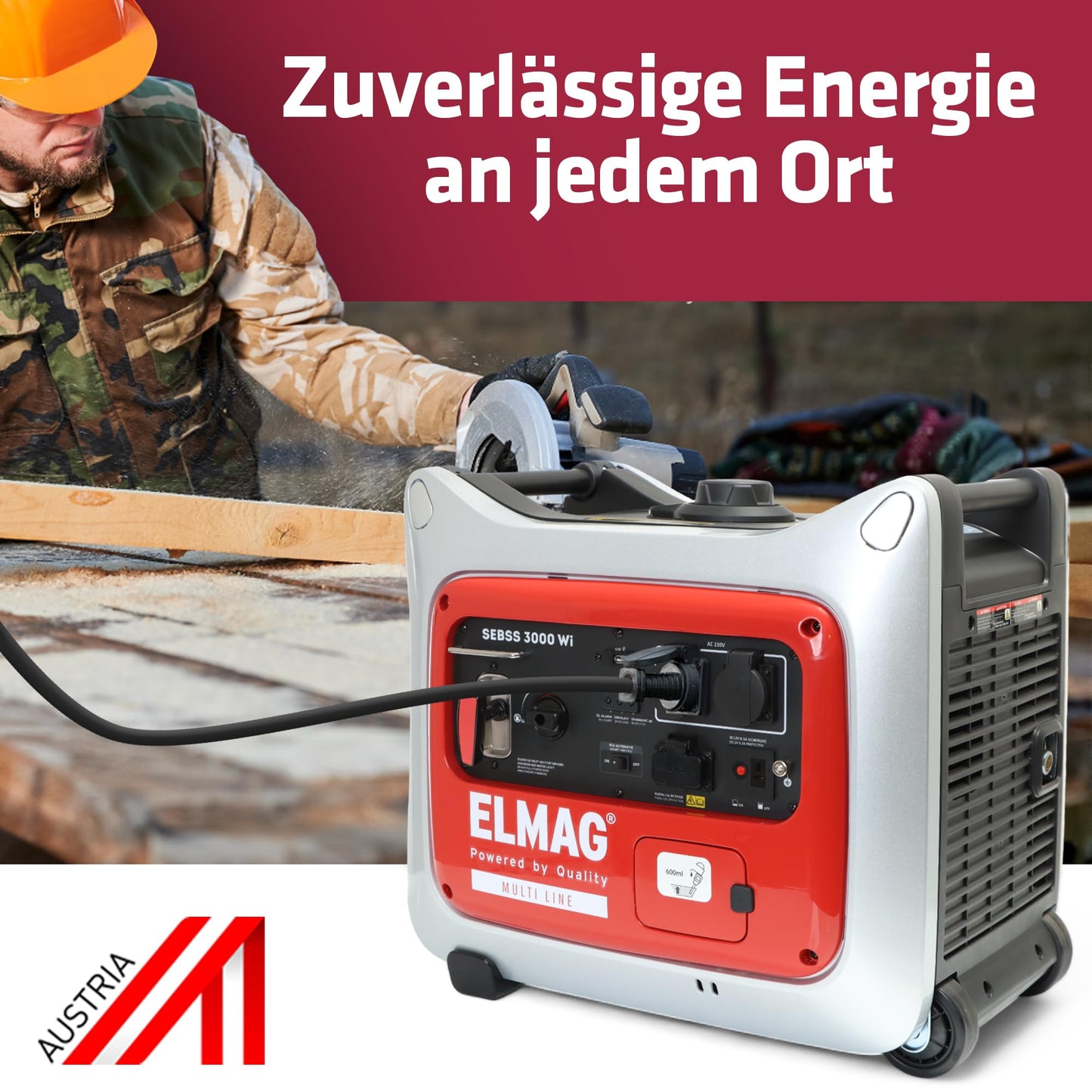 ELMAG Inverter Stromerzeuger SEBSS 3000Wi – 2,6 kVA Benzin Stromgenerator mit 4-Takt-Motor, leise & kraftvoll – Stromaggregat mit ECO-Modus, 2 x 230V, USB & 12V – Für Camping, Outdoor & Notstrom