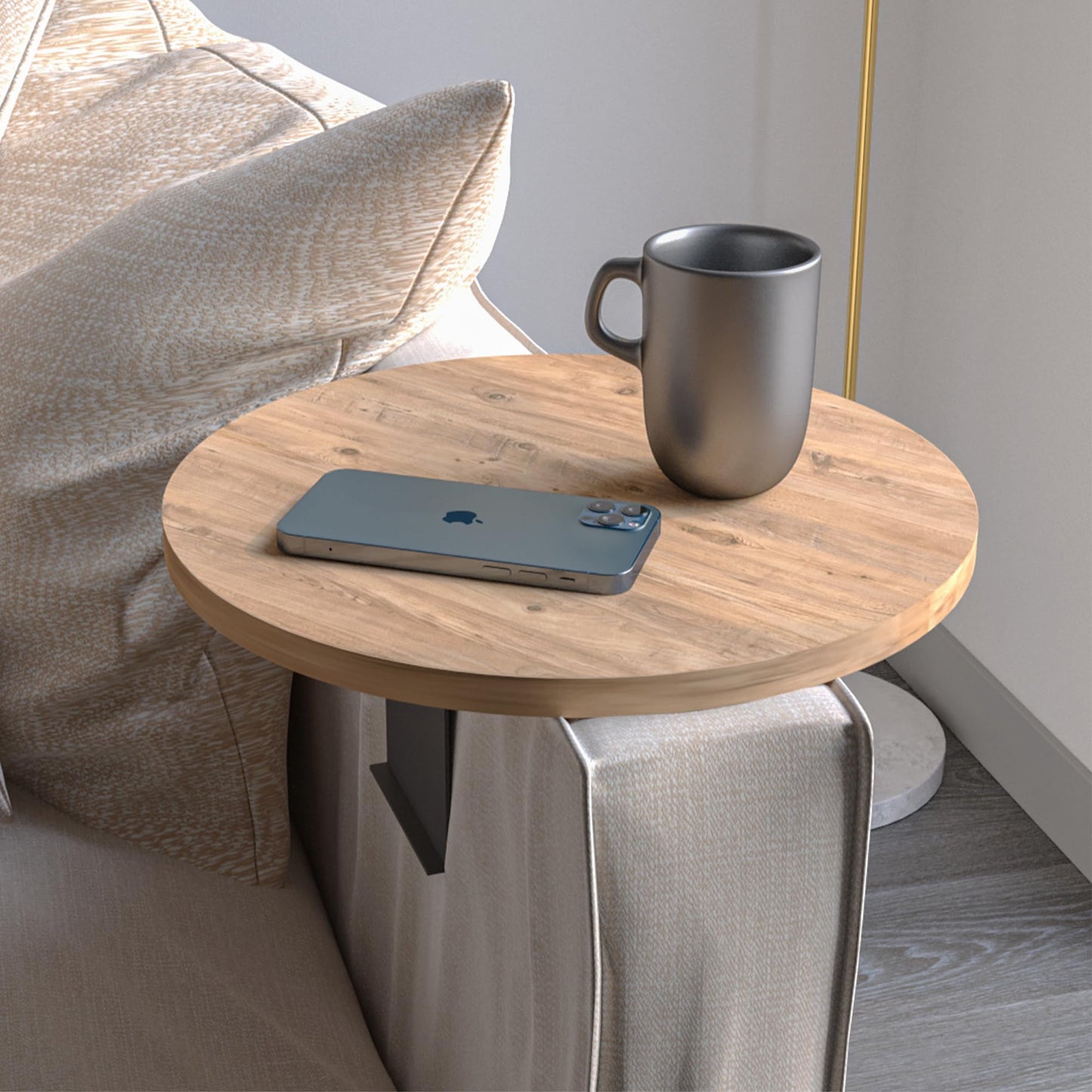 sugodesign Couch-Tablett Armlehne, Einstellbarer Sofa-Tablett, Getränkehalter, spezielles Design praktischer Metallhalterung, Sitzgarnitur Ablage, Durchmesser ⌀ 35 cm (Holz-Optik)