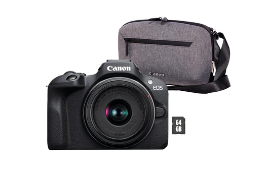 Canon EOS R100 + RF-S 18-45mm F4.5-6.3 is STM Objektiv + Kameratasche + 64GB SD-Karte (Spiegellose Digitalkamera, 4k Videokamera, 24,1 Megapixel, Bildstabilisator, Objektivsteuerring, WLAN) schwarz