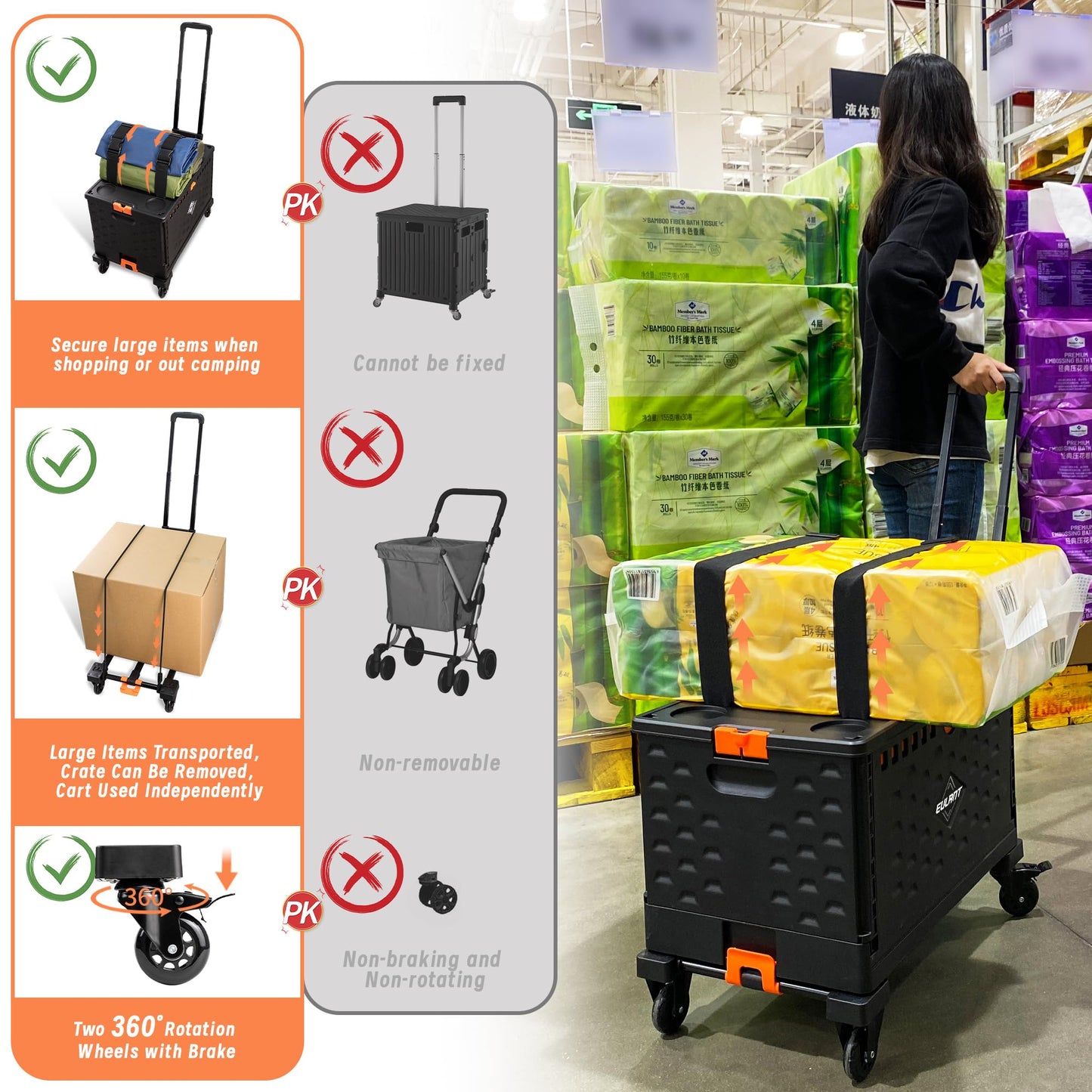 EULANT 2 in1 Faltbare Handwagen mit 60L Faltbox & Deckel, Transportkiste mit Rollen & Bremse, Utility Transportwagen mit 360° drehbaren Rädern & 2 Elastischen Seilen,Einkaufstrolley Klappbar