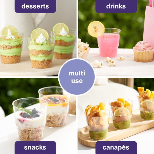 MATANA 72 Hartplastik Dessertschalen für Partys, Buffets (Rund, 225ml) - Plastikbecher, Dessertgläser, Dessertbecher für Nachtisch, Pudding, Mousse, Tiramisu - Stabil & Mehrweg