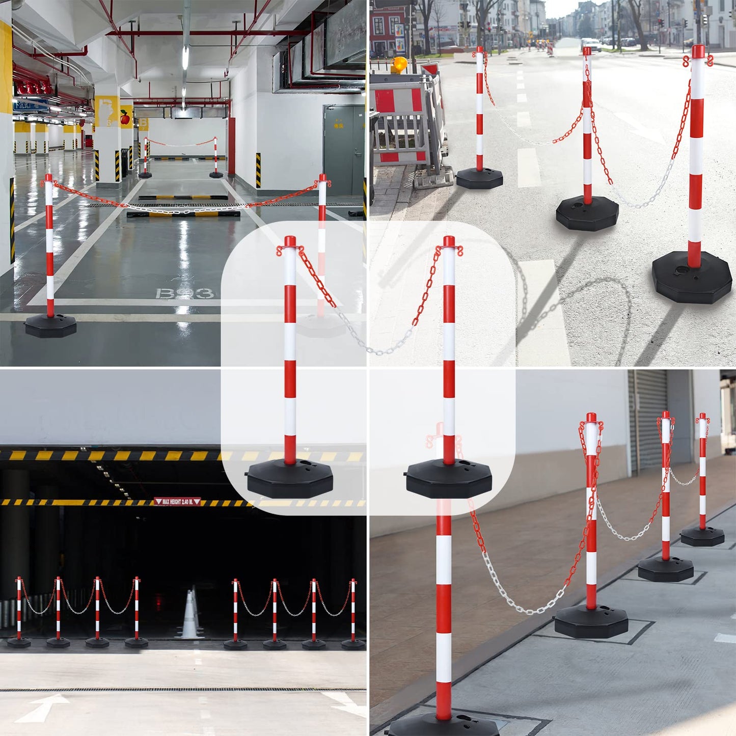 UISEBRT 4 Stück Absperrpfosten Kettenpfosten aus Kunststoff mit 4 Absperrketten von 140cm, Sperrpfosten mit Standfuß 82 x 28 x 28cm, für Verkehrskontrolle Warnung, Rot und Weiß