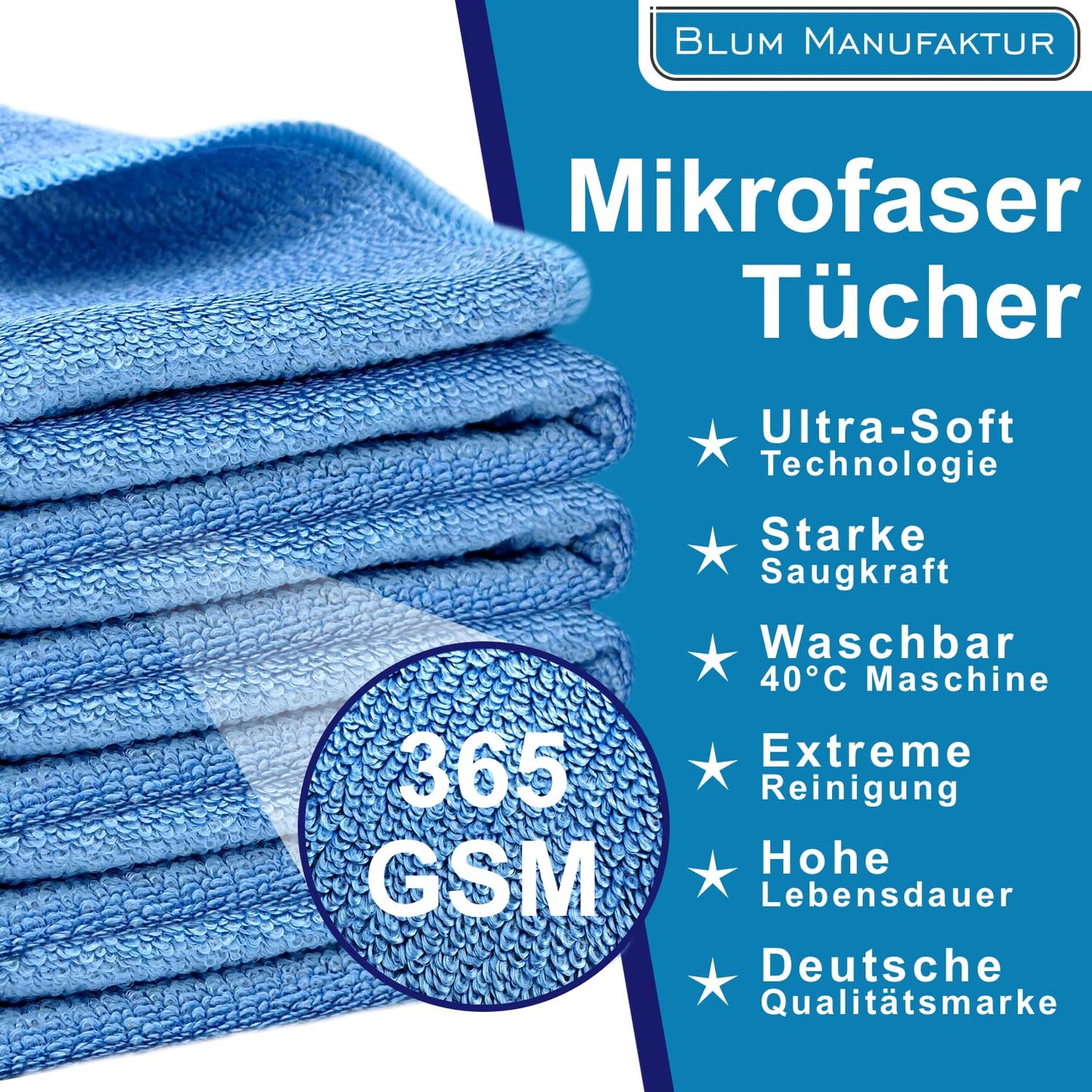 BLUM MANUFAKTUR 5er Set Mikrofasertuch (30x30 cm) - 5X Mikrofasertücher - Super Soft 365 GSM Reinigungstücher für Auto, Bad, Küche