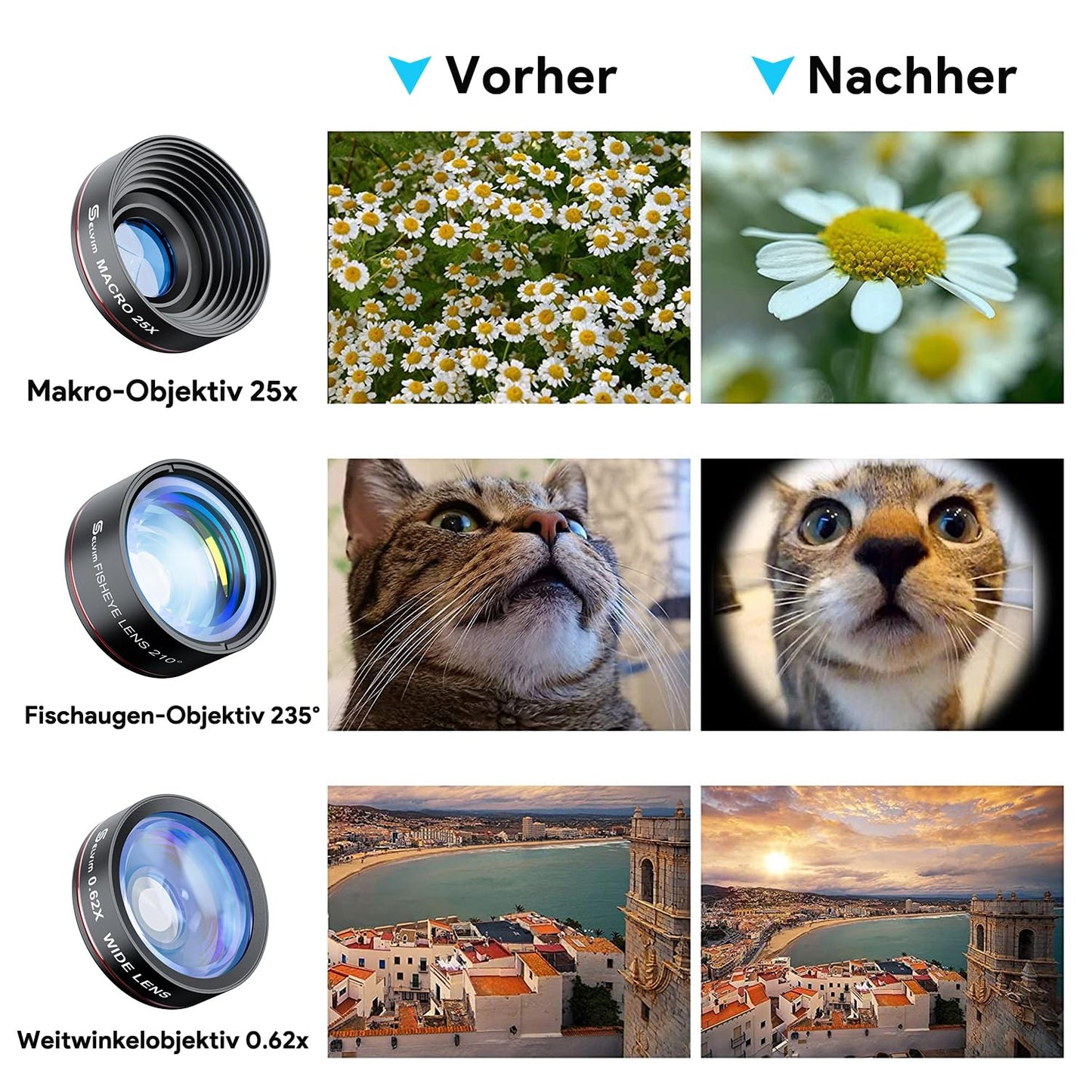 Selvim Handy Objektiv Linse Kit Lens Set 22X Teleobjektiv, 25X Makro Objektiv, 0,62X Weitwinkel, 235° Fischaugenobjektiv für iOS iPhone und meisten Android Smartphone Schwarz